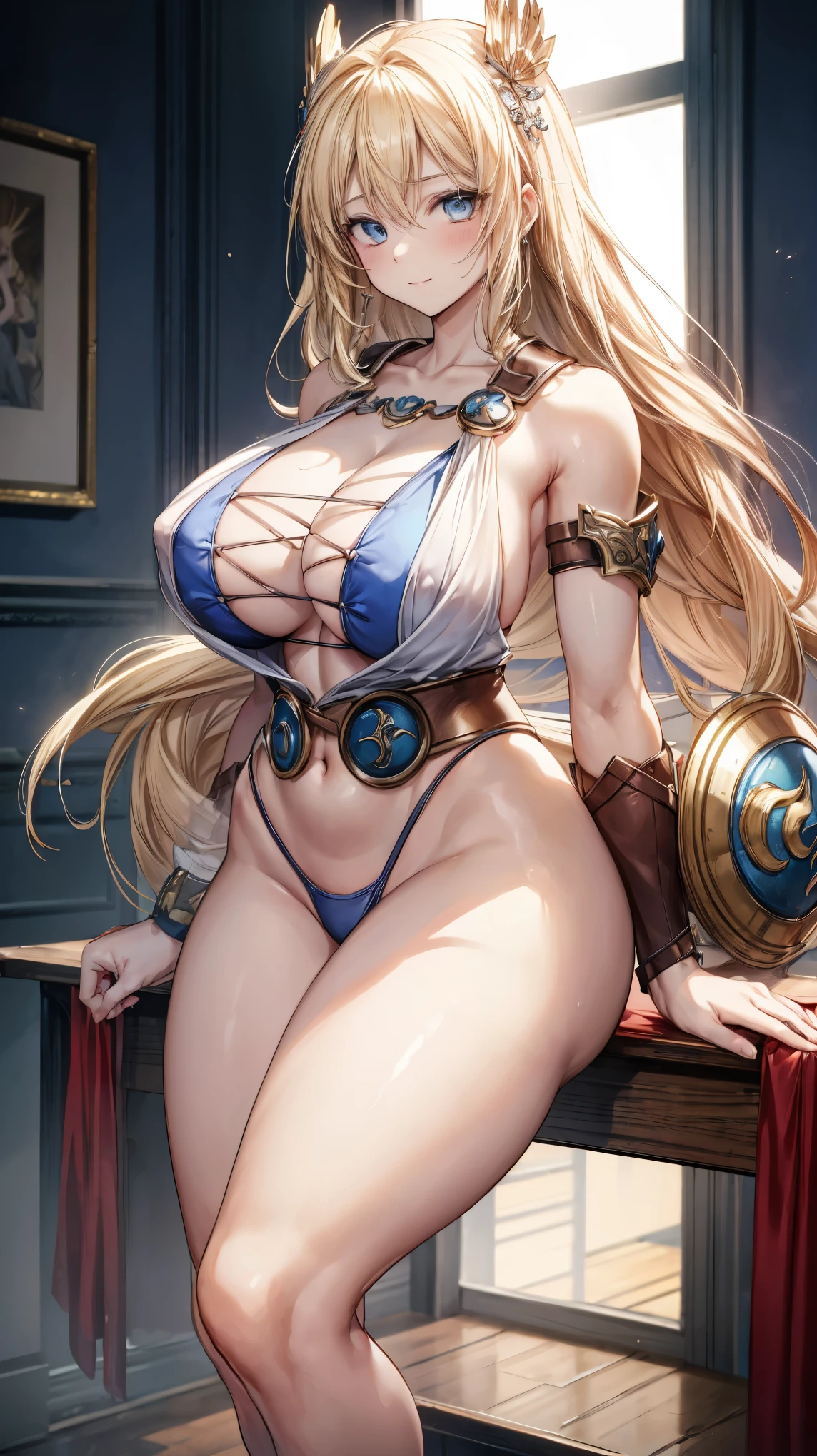 sensual, long blonde hair, thick thighs, 8K, 4K, highest quality, High resolution:1.2), cute anime face, noise reduction, shining blue eyes, gentle smile, gentle eyes、toned abdominal muscles, muscular arms, muscular legs, young face, anime eyes, (((big breasts、A chest that is about to burst)))、sophistry、sword、shield