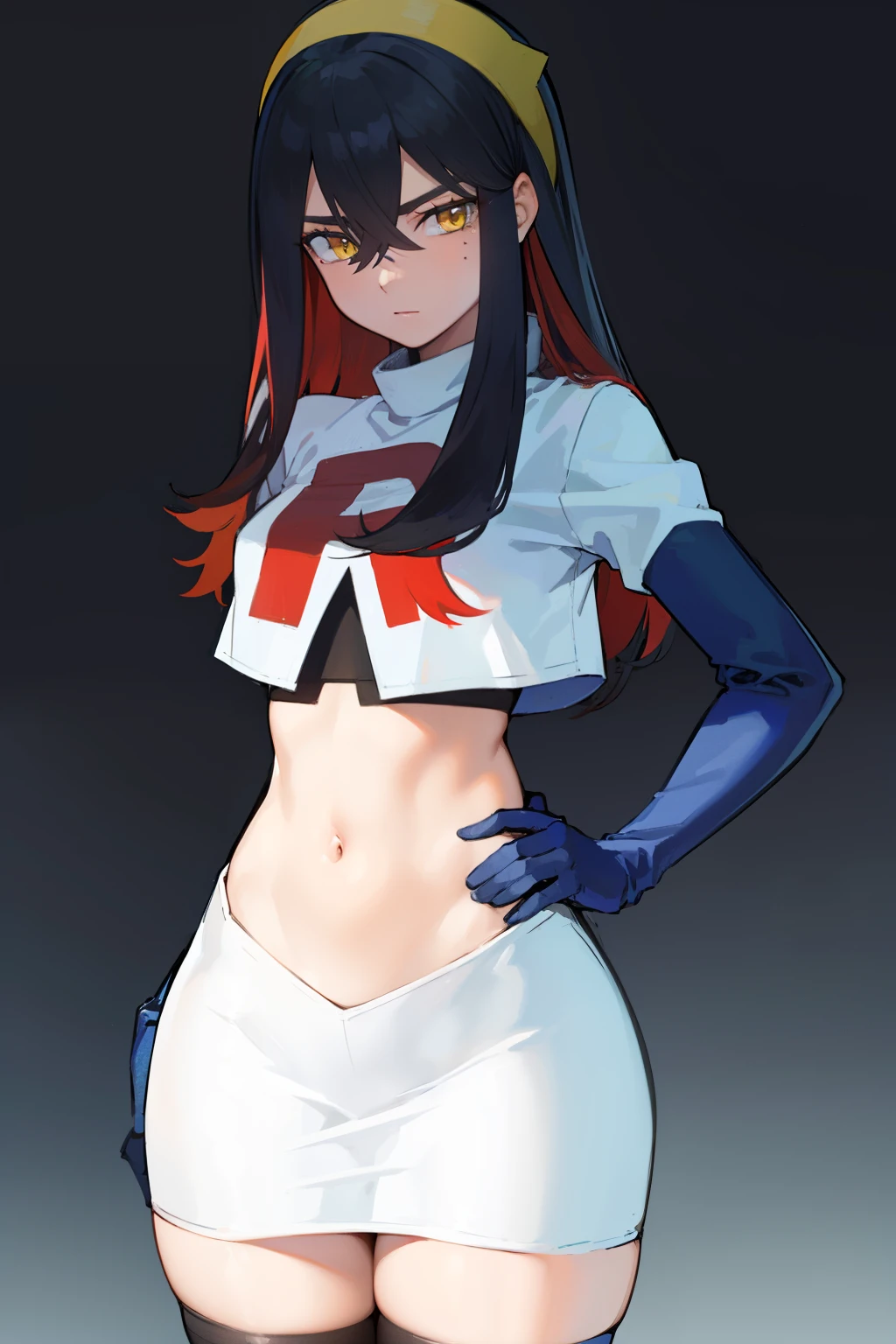 pokemoncarmine, pokemoncarmine, black hair, colored inner hair, crossed bangs, hair between eyes, hairband, long hair, mole, mole under eye, multicolored hair, red hair, sidelocks, two-tone hair, (yellow eyes:1.5), yellow hairband,
BREAK team rocket,team rocket uniform,red letter R, white skirt,crop top, black thigh-highs,black elbow gloves
BREAK looking at viewer, (cowboy shot:1.5),
BREAK (masterpiece:1.2), best quality, high resolution, unity 8k wallpaper, (illustration:0.8), (beautiful detailed eyes:1.6), extremely detailed face, perfect lighting, extremely detailed CG, (perfect hands, perfect anatomy),