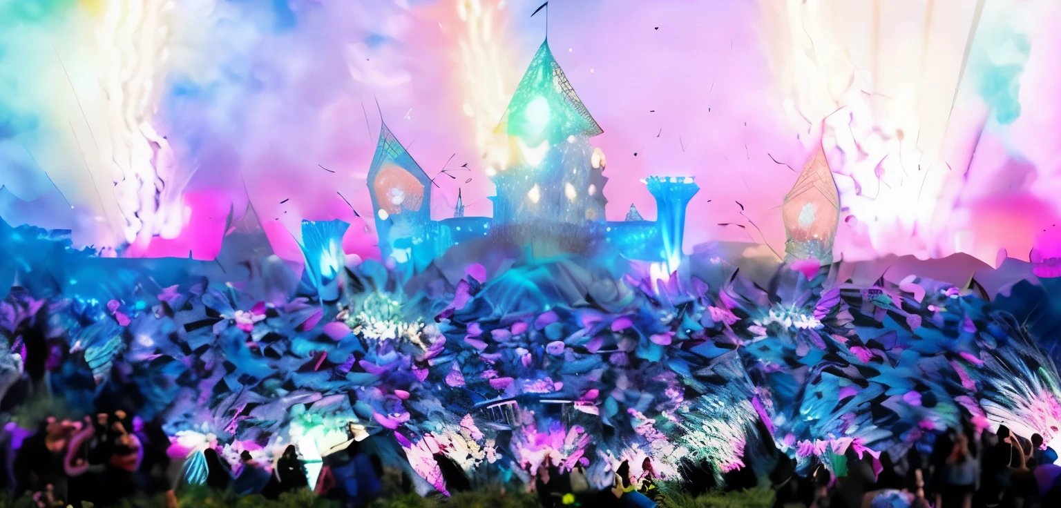 lots of people are gathered in a large field with fireworks, Tomorrow's land, very epic atmosphere, rave ao ar livre, epic stunning atmosphere, epic castle with tall towers, festival vibes, efeitos de palco elaborados, magical atmosphere, magical atmosphere + obra de arte, tiro ultra muito longo, foto de um espectador, tirada em 2022, Music festival, um palco de festival ao ar livre