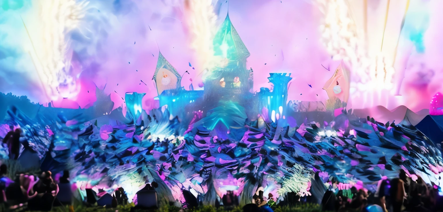 lots of people are gathered in a large field with fireworks, Tomorrow&#39;s land, very epic atmosphere, rave ao ar livre, epic stunning atmosphere, epic castle with tall towers, festival vibes, efeitos de palco elaborados, magical atmosphere, magical atmosphere + obra de arte, tiro ultra muito longo, foto de um espectador, tirada em 2022, Music festival, um palco de festival ao ar livre