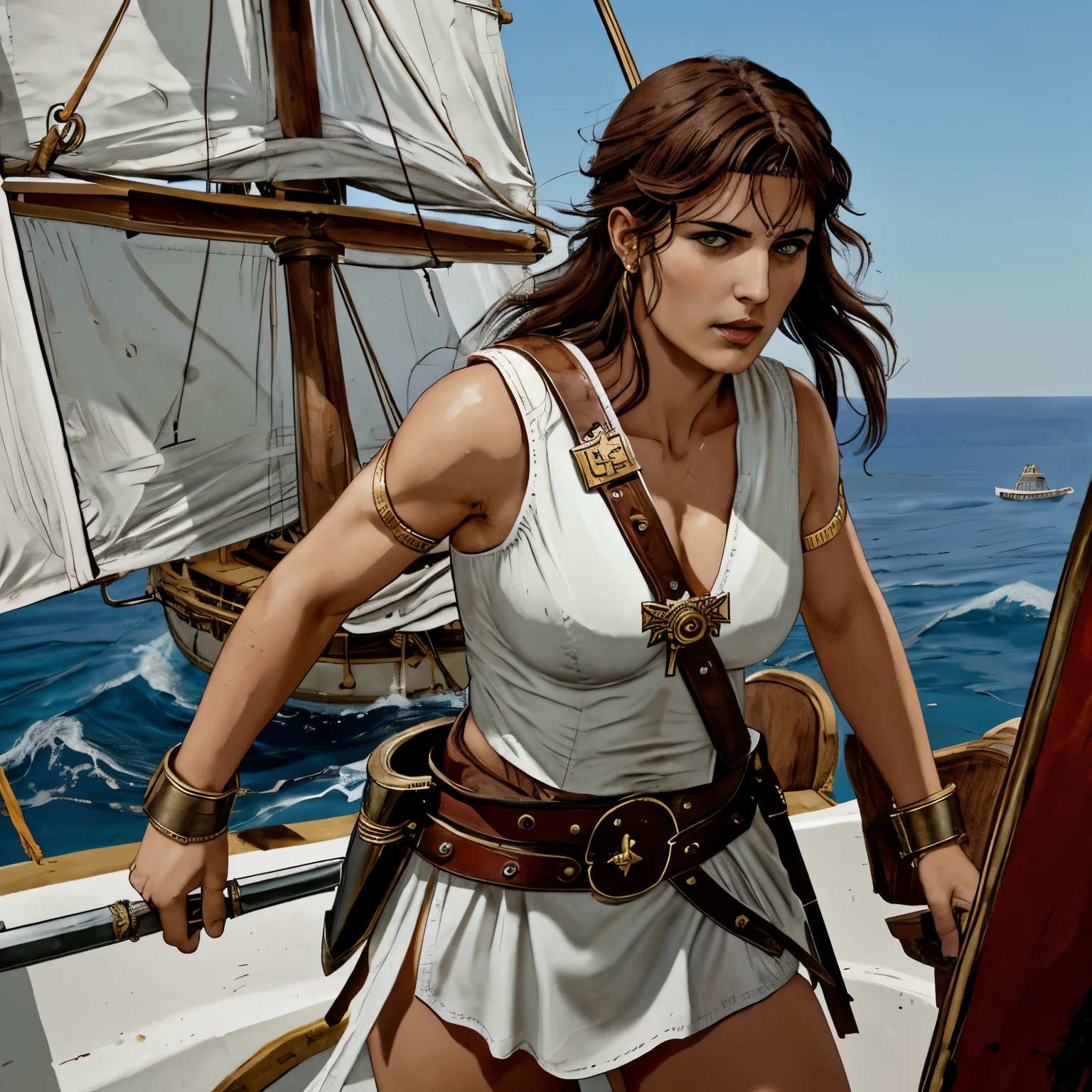 Greek woman, with white tunic, short. over the tunic she wears a breastplate. The woman is a captain of Greek pirates. She carries a sword in one hand. On ancient Greek ship, trireme. The woman has a determined, fierce look. A group of Greek men, in armor, around her listen to her. She is the leader.