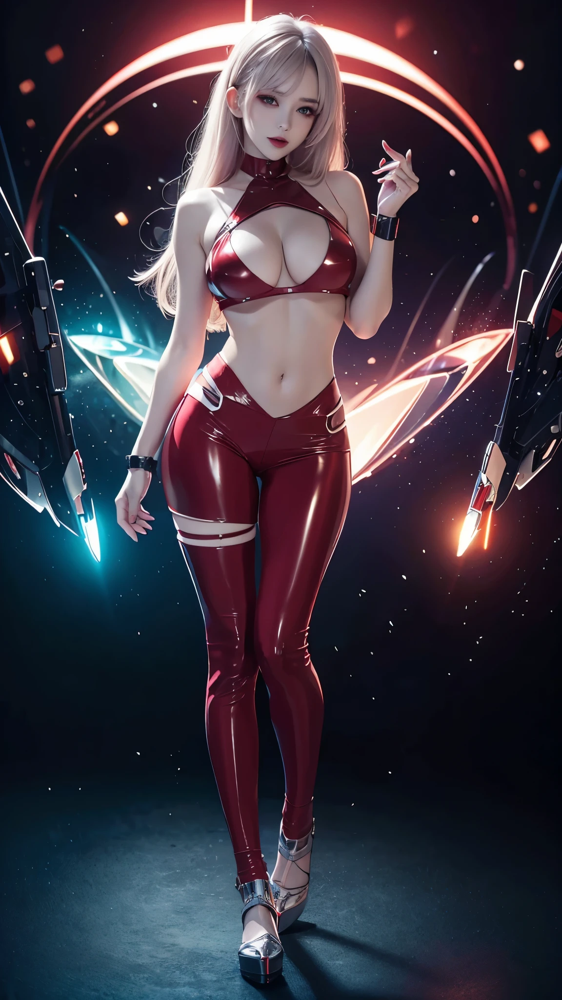 8K uhd, materpiece, a beautiful girl, detaild eye, good face, detaild eyebrow, cyberpunk outfit,RED outfit, cyberpunk, Cyberspace, cyberpunk shining background, neon effect, Spreading lighting, red lighting, whole body capture,full body,big tits ,big tits,robotic clotges,ALL RED