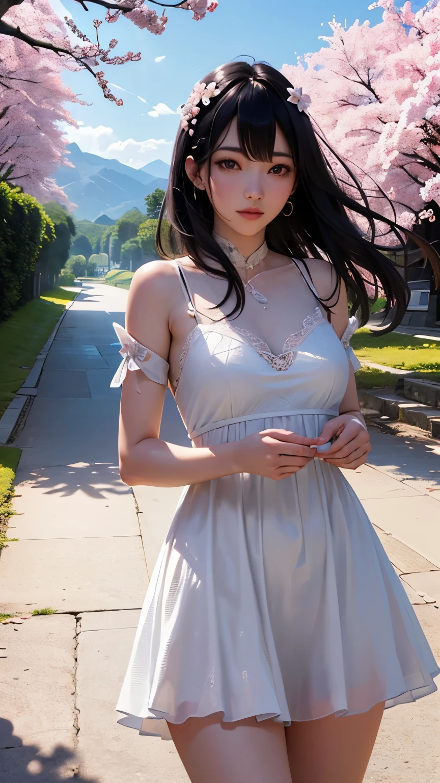1 girl，petite，realisticlying， The upper part of the body， Nightdress，Realistis，flowering trees，Floating hair， Detailed face