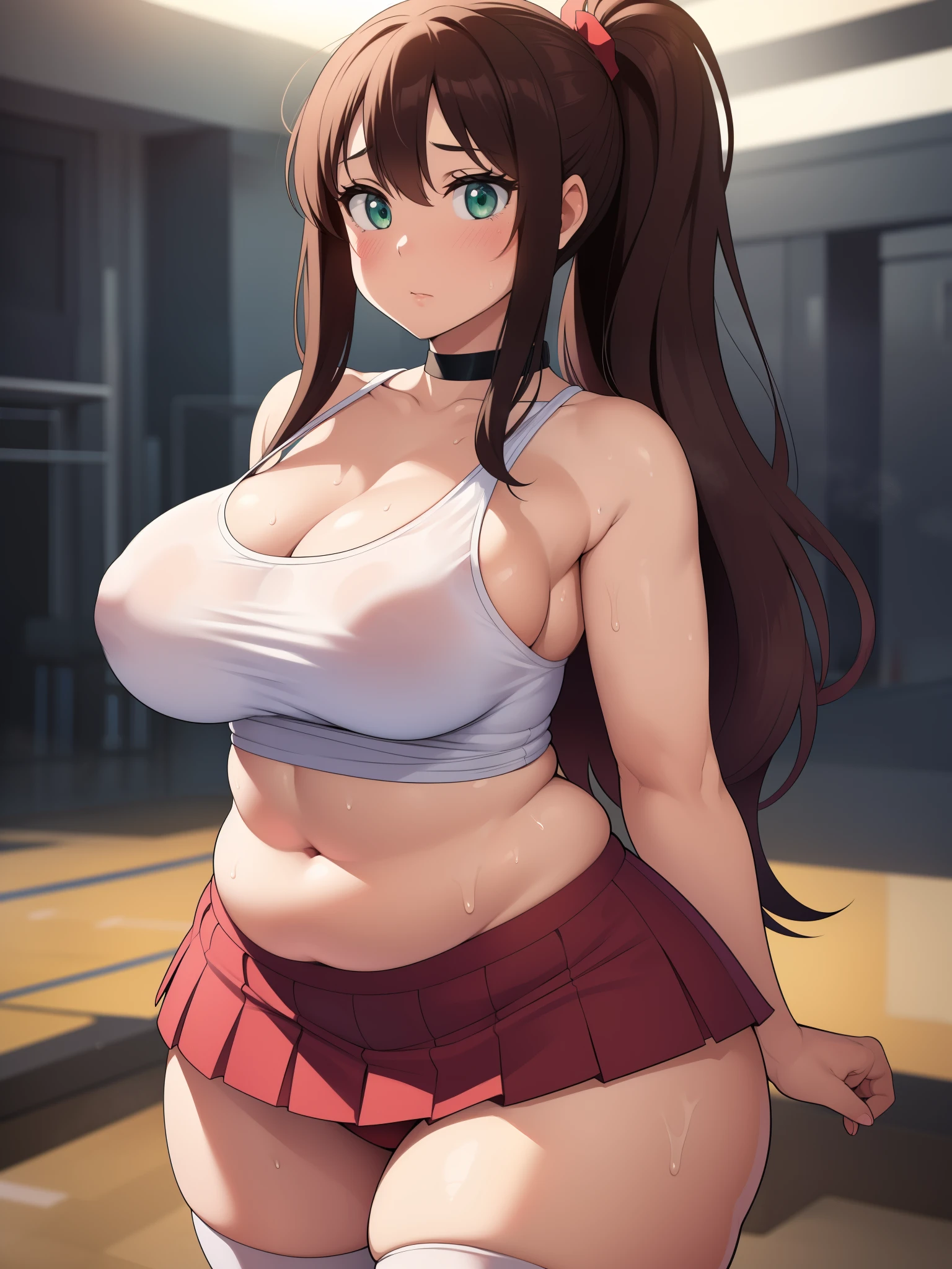 ((Masterpiece)), perfect anatomy,(best quality), extremely delicate and beautiful, perfect lighting, detailed face, ultra cute face, cute, (cowboy shot 1.2) , looking at viewer, full body, (((1girl))), (((solo))), cheerleader, long hair, fluffy hair, brown hair, ponytail, green eyes, ((blush)), (cheerleader uniform), (white tank top 1.2), (short section red skirt 1.2), thigh highs, chocker, extremely tight clothes, large breasts, cleavage, perky breasts, (wide hips), thick thighs, chubby belly, School gym, intricate background, detailed background, sweaty, 