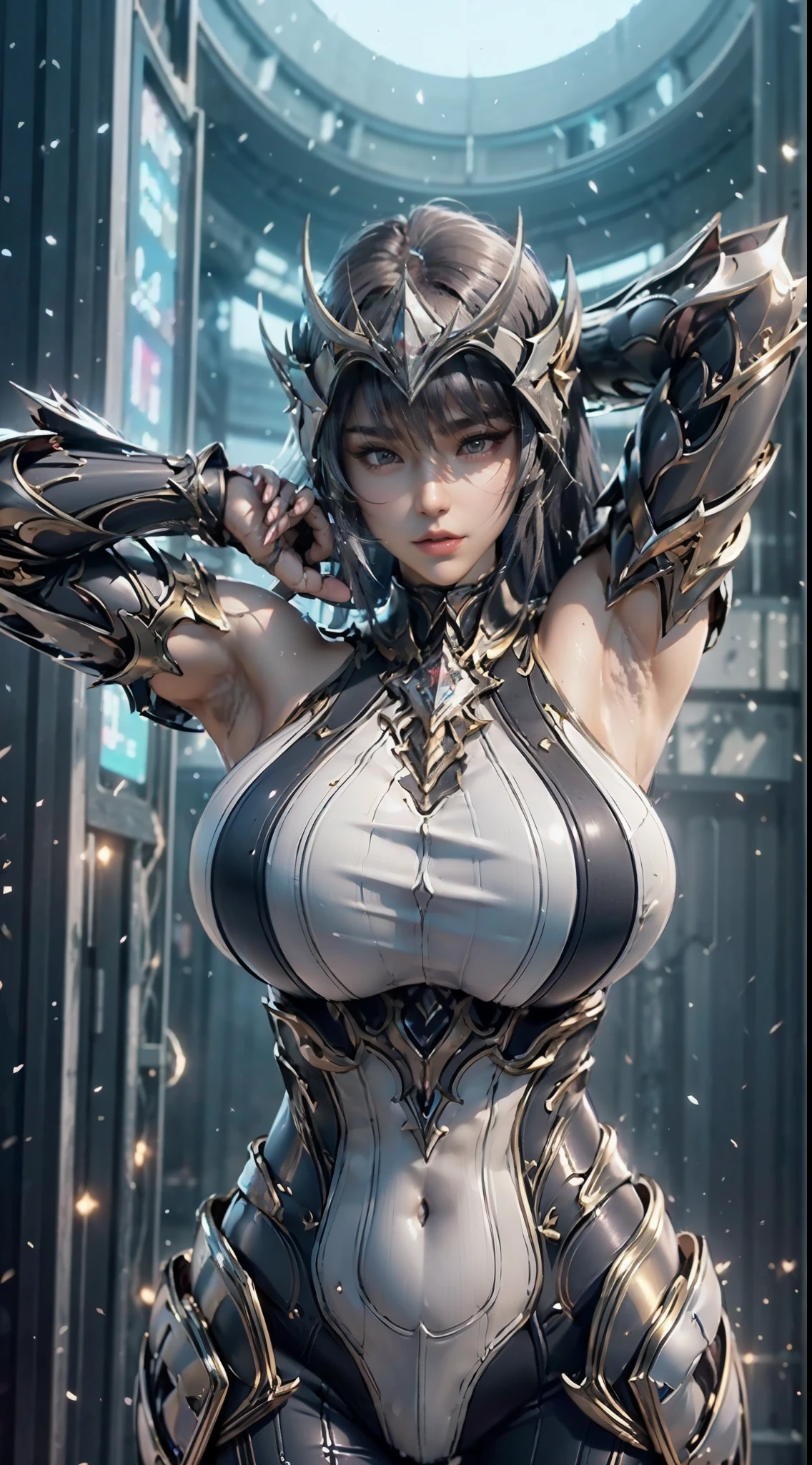 ((unreal enginee 5)), lifelike rendering, excellent, (Full Armor Body), (cloaks), (Helm), looking in camera, Stand in the studio, Beautiful face, makeup, CGI Mix, (Photorealism:1.2), Ultra-realistic UHD face, (Huge fake:1.4), (huge-breasted:1.1), (Muscle abs), (Big butt), (wide hips), (thick thighs), Slim waist, an hourglass figure, Half body, ((Glowing skin)), ((Shiny skin)), Realistic body, ((She has a sexy body)), ((Clean skin)), Photorealistic, Bokeh, Motion Blur, masutepiece, hight resolution, 1080p, Super Detail, Textured skin, (ultra detailed armpit:1.4).