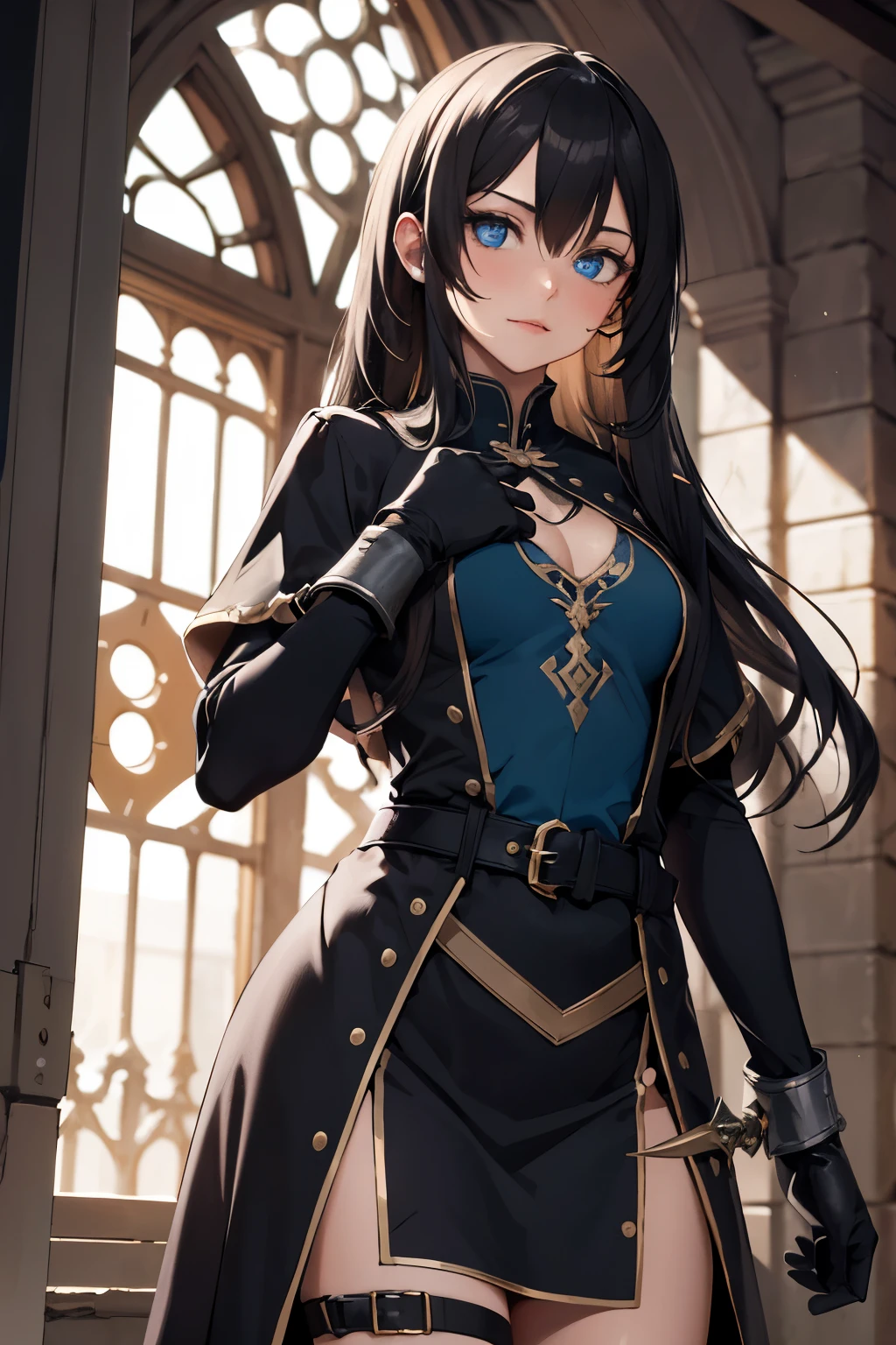 ((best quality)), ((Meisterwerk)), (detailliert), perfektes Gesicht, (Meisterwerk, best quality, detaillierter Hintergrund, Komplizierte Details), Fantasy-Thema, black hair, long hair, Im Inneren des Dungeons, 1girl,teenager, Zauberer, Magier lange robe, Schwarzer Umhang, Bandana, blau Augen, Dagger on the hip, Belt bags, selbstbewusster Ausdruck, dynamische Pose, rostige Schatztruhe, Steinmauern, dunkel,schwarze haare, lange haare