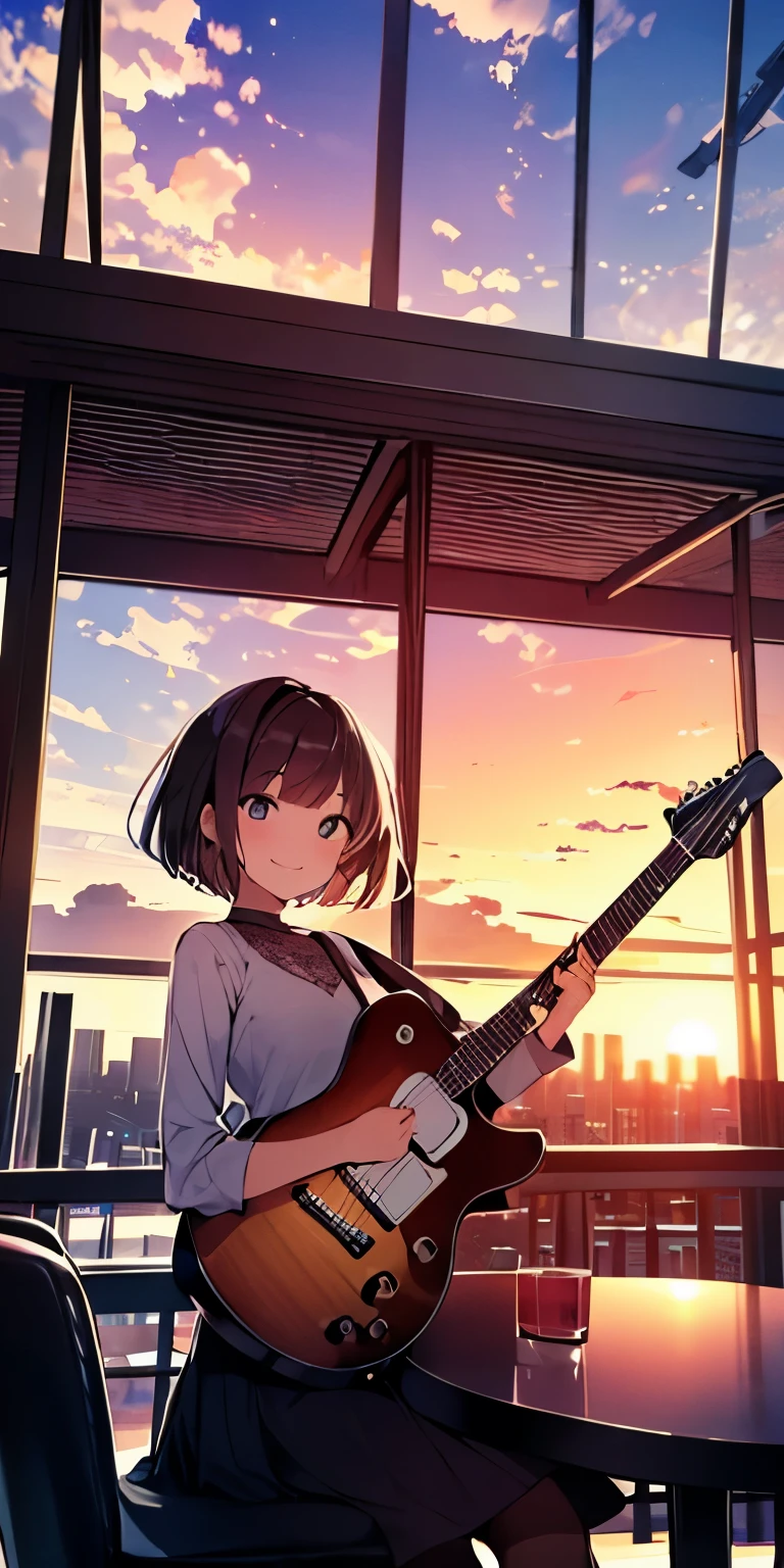 table top, highest quality,shape, wallpaper, ultra detail, absurd, 16 year old girl, alone, (medium short hair、play the guitar、smile、Overlooking the city from the top of the hill、the sunset is beautiful