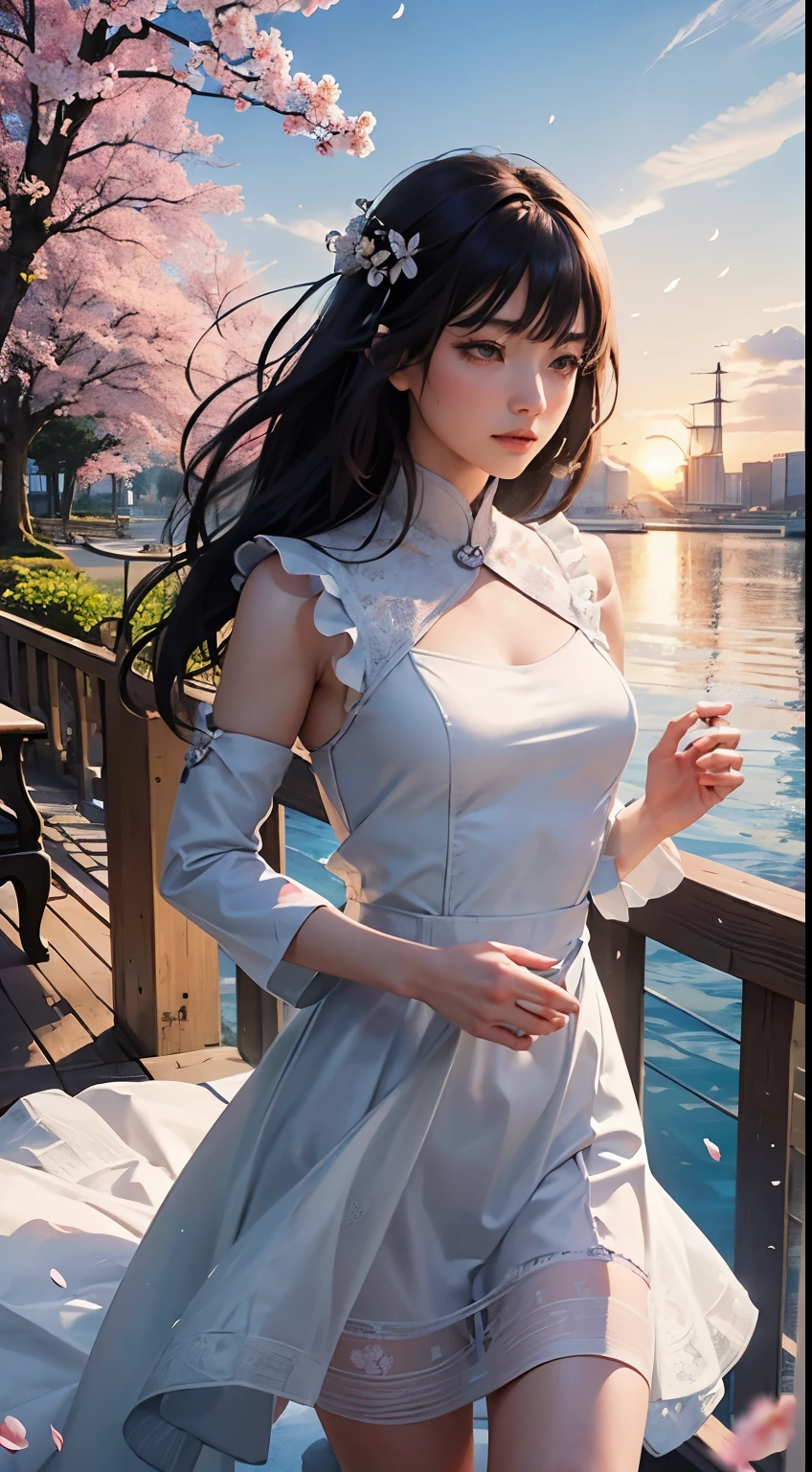 (logo、masterpiece、8K、table top、RAW photo、wonderful、最high quality、フォトリアリスティックでvery detailedな CG 統合 8k 壁紙、high quality、very detailed、narrative poem、particle effects、dynamic effects、Depth of bounds written、cinematic light、Lens flare、ray tracing)、fantasy、 (1 beautiful woman、dress、dress、cherry blossom pattern、black haired、beautiful face、real face、beautiful details eyes beautiful skin)、髪がWindで踊る、Hair flutters in Wind、hair jump、pink cherry tree、petals dance、SakuraFubuki、wonderful景色、sunrise、sun on background、Wind、