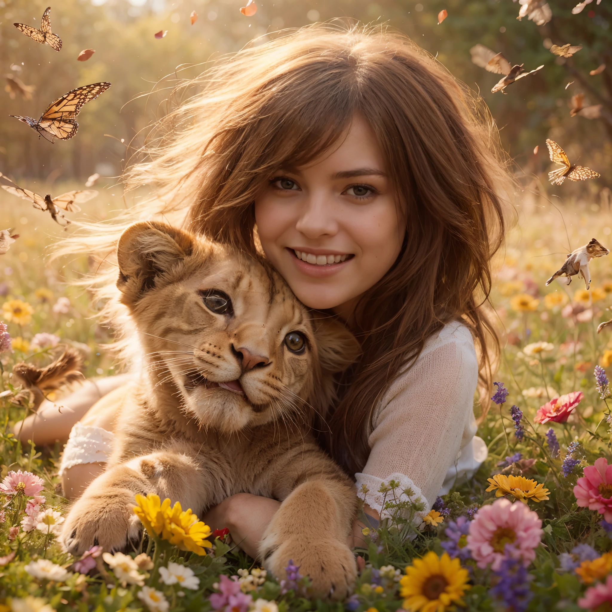 Hyper-realistic photograph of a smiling brown-haired girl playing with a lion cub in a field of flowers and flying petals. Tiernas ilustraciones hiperrealistas de animales hechas por Kate Mur y Pixar