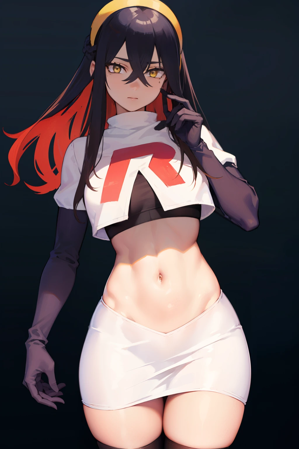 pokemoncarmine, pokemoncarmine, black hair, colored inner hair, crossed bangs, hair between eyes, hairband, long hair, mole, mole under eye, multicolored hair, red hair, sidelocks, two-tone hair, (yellow eyes:1.5), yellow hairband,
BREAK team rocket,team rocket uniform,red letter R, white skirt,crop top, black thigh-highs,black elbow gloves
BREAK looking at viewer, (cowboy shot:1.5),
BREAK (masterpiece:1.2), best quality, high resolution, unity 8k wallpaper, (illustration:0.8), (beautiful detailed eyes:1.6), extremely detailed face, perfect lighting, extremely detailed CG, (perfect hands, perfect anatomy),