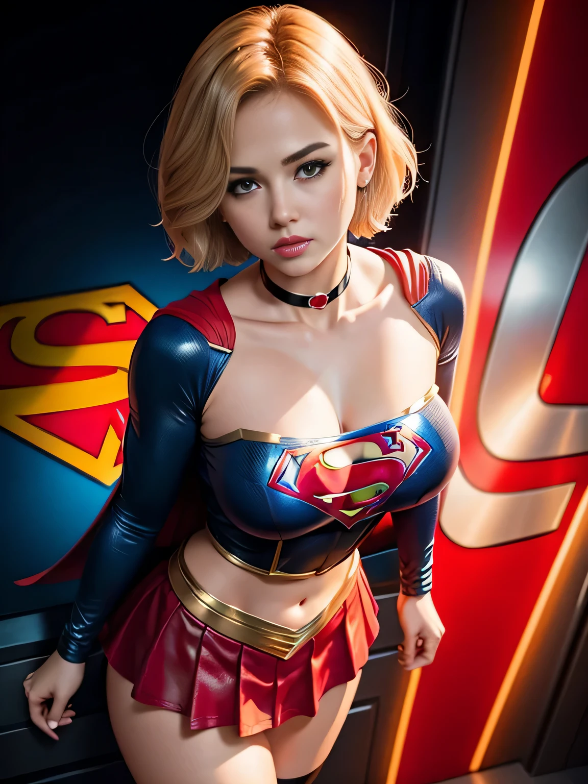 masterpiece、Shorthair Supergirl、big and full breasts、look at the camera、shiny costume、choker、red mini skirt、long sleeve、comic book cover style、obscene、seductive pose、provocative、sensational