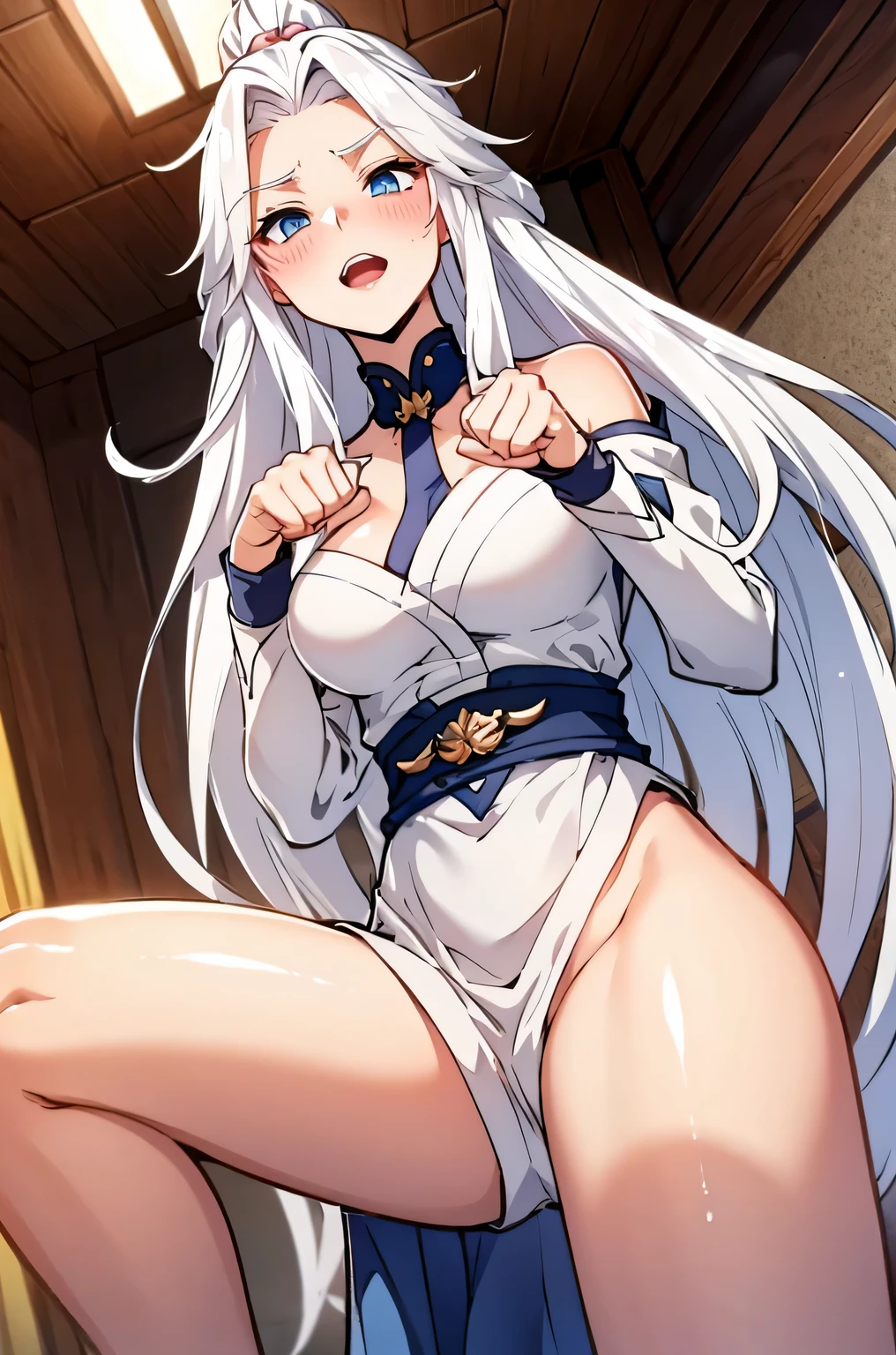 white hair, long hair, blue eyes, small breasts ,eager pet pose,,embarrassed,blush,naked,collar,,clenched teeths,