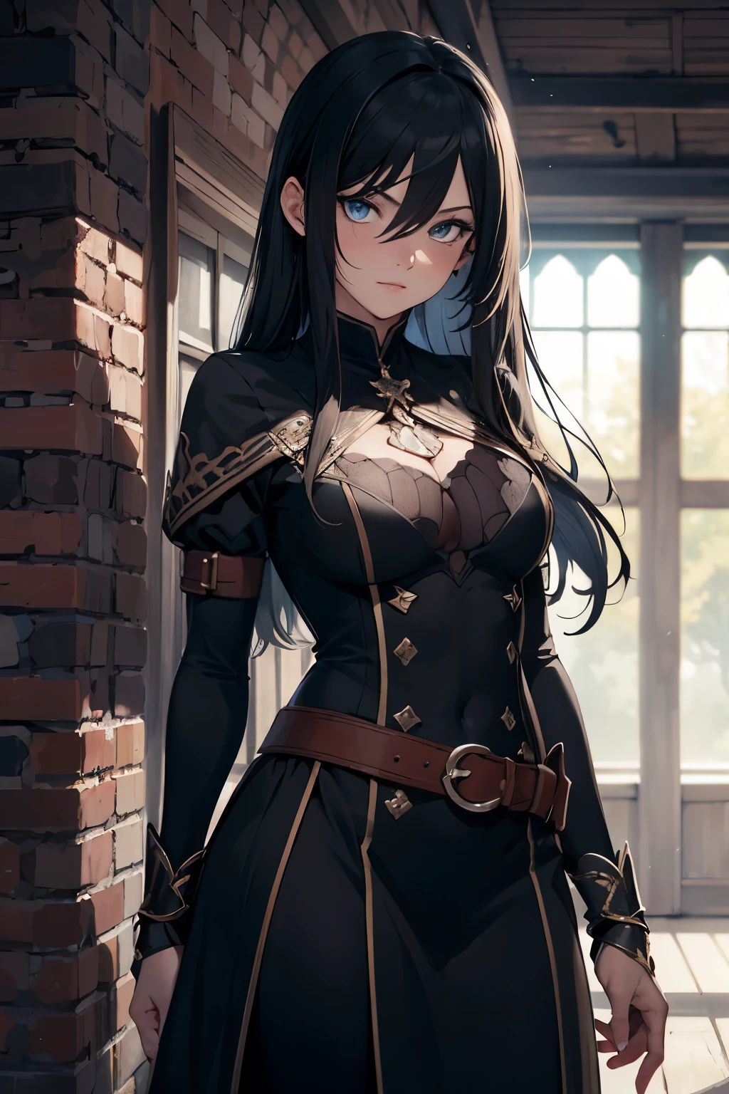 ((best quality)), ((Meisterwerk)), (detailliert), perfektes Gesicht, (Meisterwerk, best quality, detaillierter Hintergrund, Komplizierte Details), Fantasy-Thema, black hair, long hair, Im Inneren des Dungeons, 1girl,teenager, Zauberer, Magier lange robe, Schwarzer Umhang, Bandana, grau blau Augen, Dagger on the hip, Belt bags, selbstbewusster Ausdruck, dynamische Pose, rostige Schatztruhe, Steinmauern, dunkel,schwarze haare, lange haare