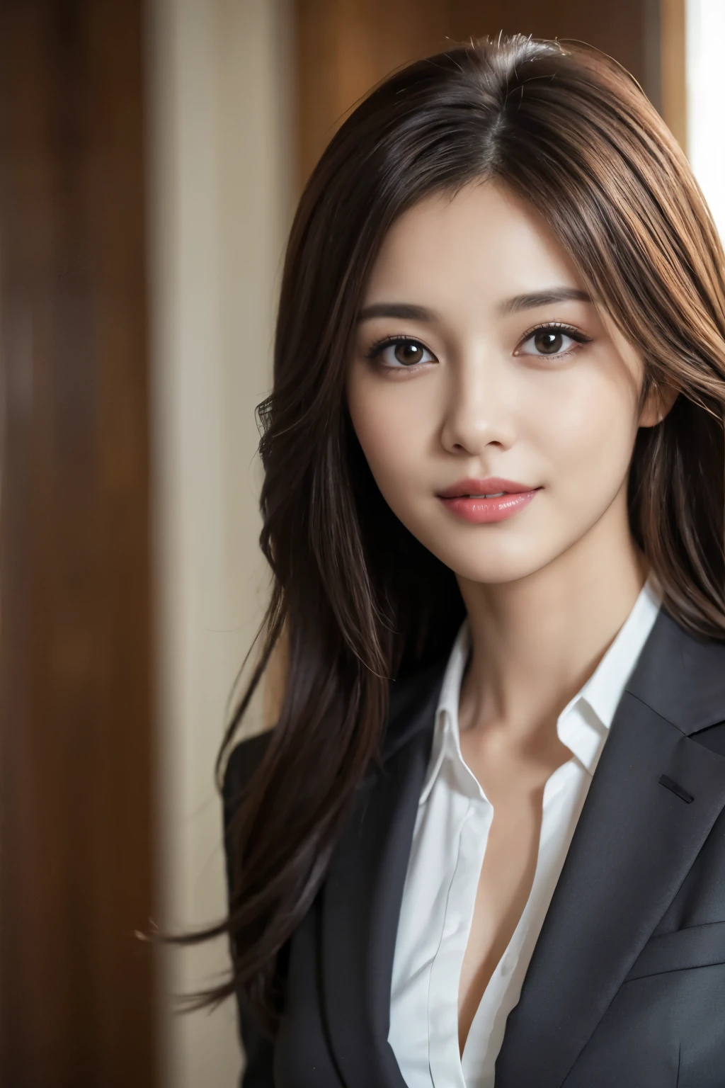 table top, highest quality, realistic, super detailed, finely, High resolution, 8k wallpaper, 1 beautiful woman,, light brown messy hair, wearing a business suit, sharp focus, perfect dynamic composition, beautiful and fine eyes, fine hair, Detailed realistic skin texture, smile, close-up portrait, model body shape