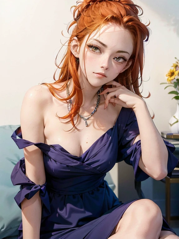 (Best Quality, 8K, Oil Painting, masutepiece:1.2), Ultra-detailed, (Realistic, Photorealistic:1.37), (((bustshot)))、(((bright orange hair)))、(((Wearing a gorgeous blue dress)))、(((upperbody shot)))、(((wearing a blue dress)))、(((２０Women of a certain age)))、(((wearing a blue dress)))、 (((Vermilion hair)))、(((semi long hair)))、((( White background)))、(((Girly Hairstyles)))、(((Wearing a luxurious dress)))、(((In front of a white wall)))、(((The gaze is looking obliquely up)))、(((Nothing on the top of the head)))、(((I have my hand on my chin))、(((Serious look)))、(((A face that says I see.)))