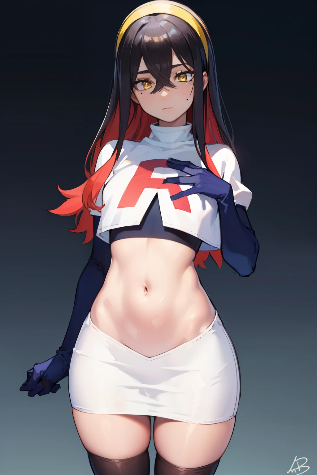 pokemoncarmine, pokemoncarmine, black hair, colored inner hair, crossed bangs, hair between eyes, hairband, long hair, mole, mole under eye, multicolored hair, red hair, sidelocks, two-tone hair, (yellow eyes:1.5), yellow hairband,
BREAK team rocket,team rocket uniform,red letter R, white skirt,crop top, black thigh-highs,black elbow gloves
BREAK looking at viewer, (cowboy shot:1.5),
BREAK (masterpiece:1.2), best quality, high resolution, unity 8k wallpaper, (illustration:0.8), (beautiful detailed eyes:1.6), extremely detailed face, perfect lighting, extremely detailed CG, (perfect hands, perfect anatomy),