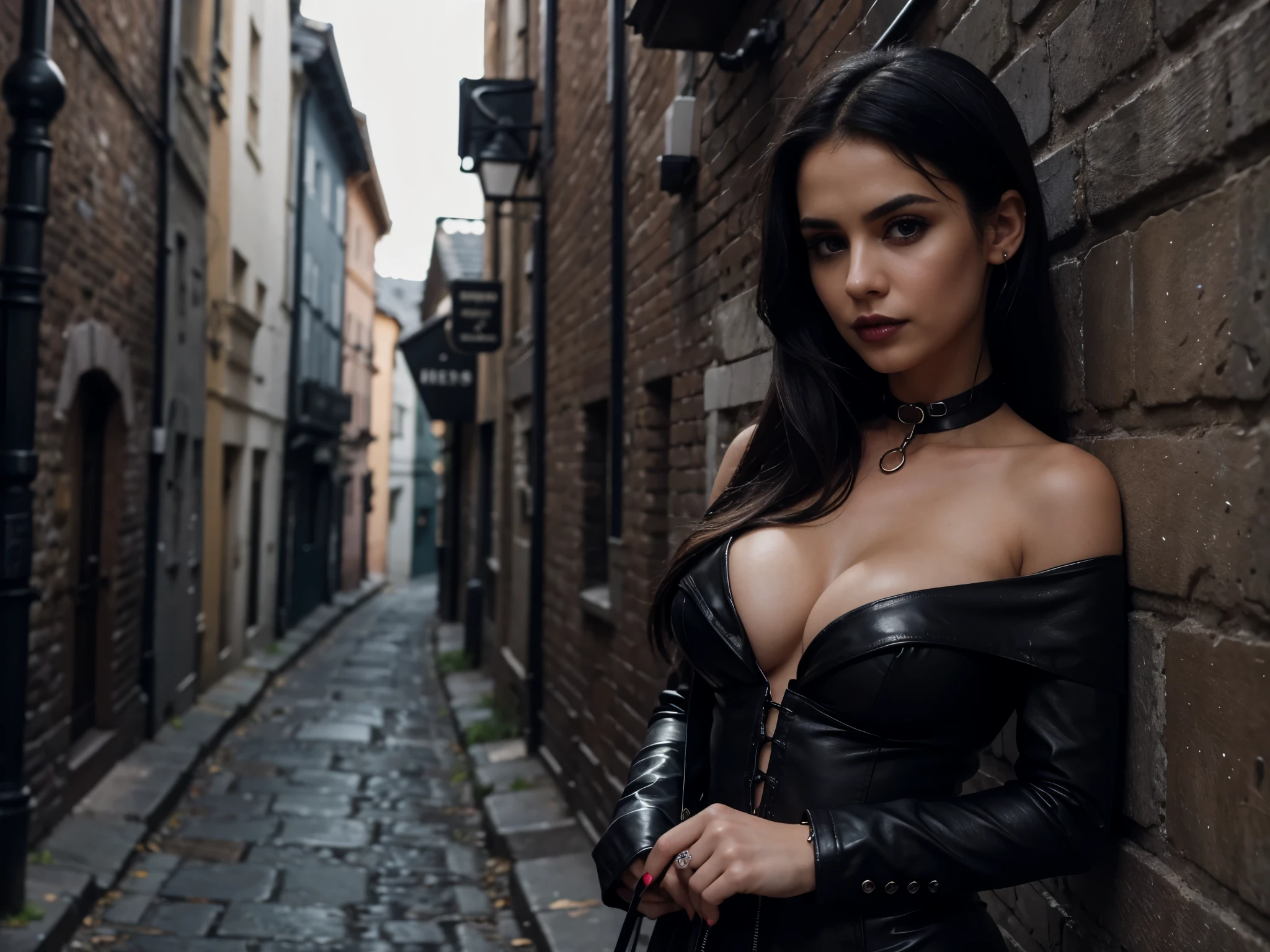 detailed, vivid colors, cinematic, 4k, high resolution, 1 girl, solo, choker, off the shoulder plunge neck black leather dress,cleavage, gothic, goth, black nails,grim alleyway