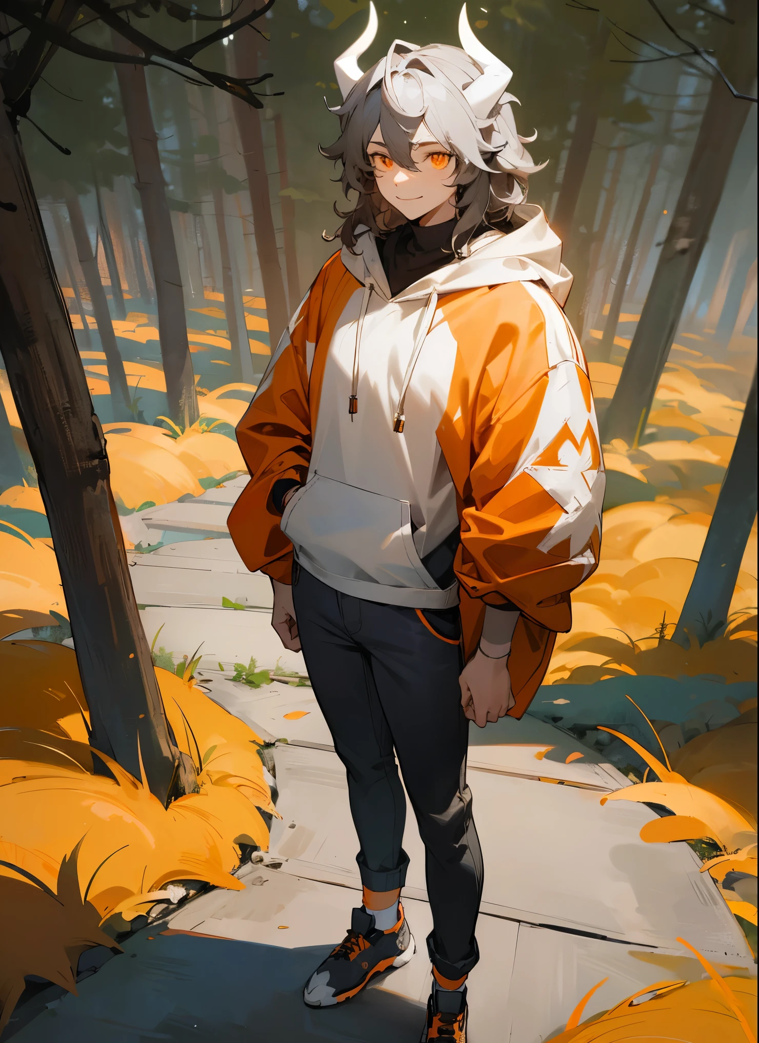 1male , White Horns , Messy Dark Grey Hair , Wavy Hair , Orange Eyes , White Hoodie , Black Jeans , Calm Smile , Standing on path , Casual Clothing , Forest Background