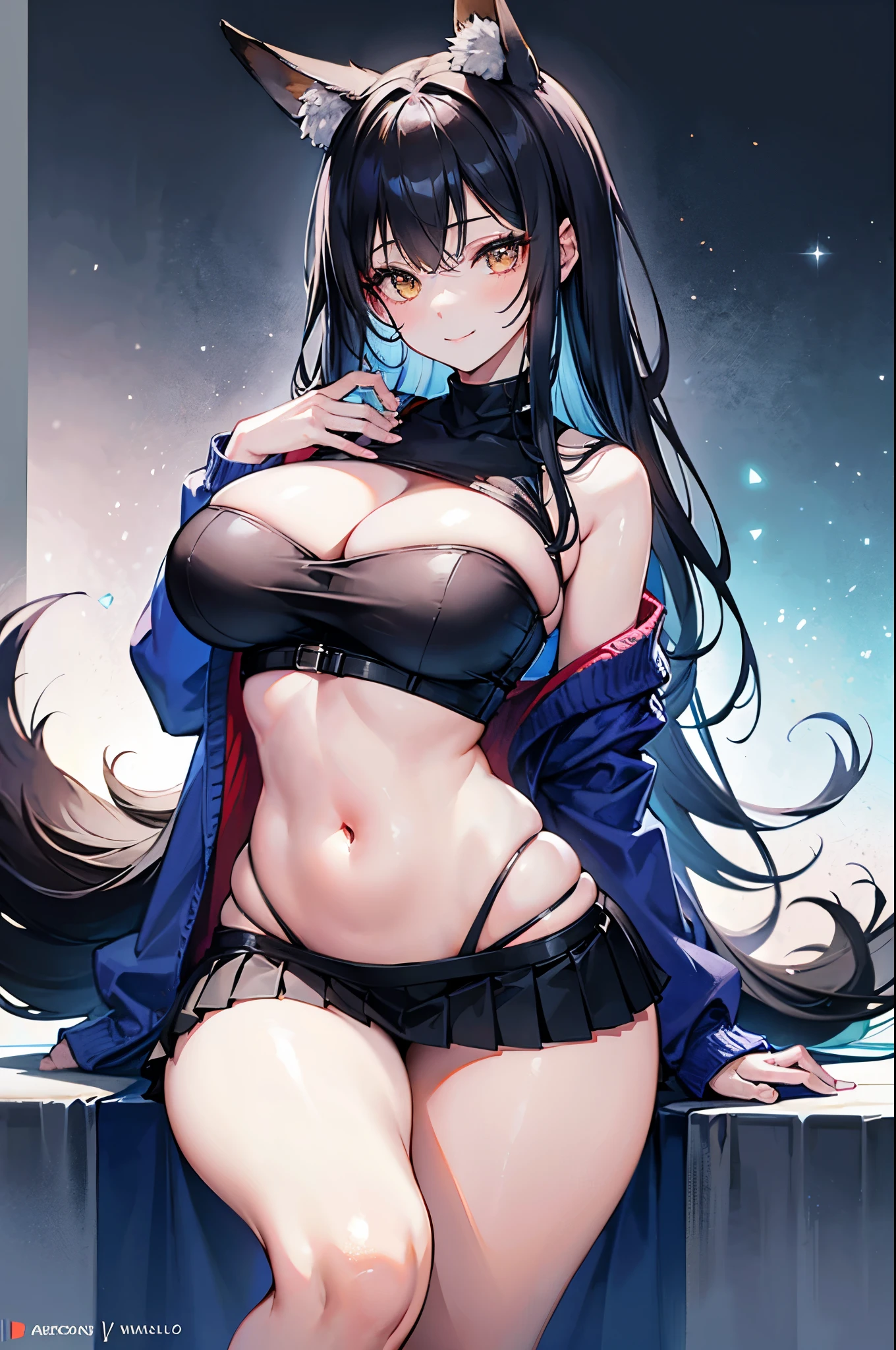 realistic image, coherent image, detailed image, 1 beautiful girl, She has black hair, long, silky hair, long eyelashes. Golden eyes, she has fox ears and fox tails. Her face is oval and delicate, smiling. She is wearing a long sleeve sweater, navel showing, pleated mini skirt. She has a curvy body, big breasts, thick thighs, volumetric lighting, natural lighting, sexy pose