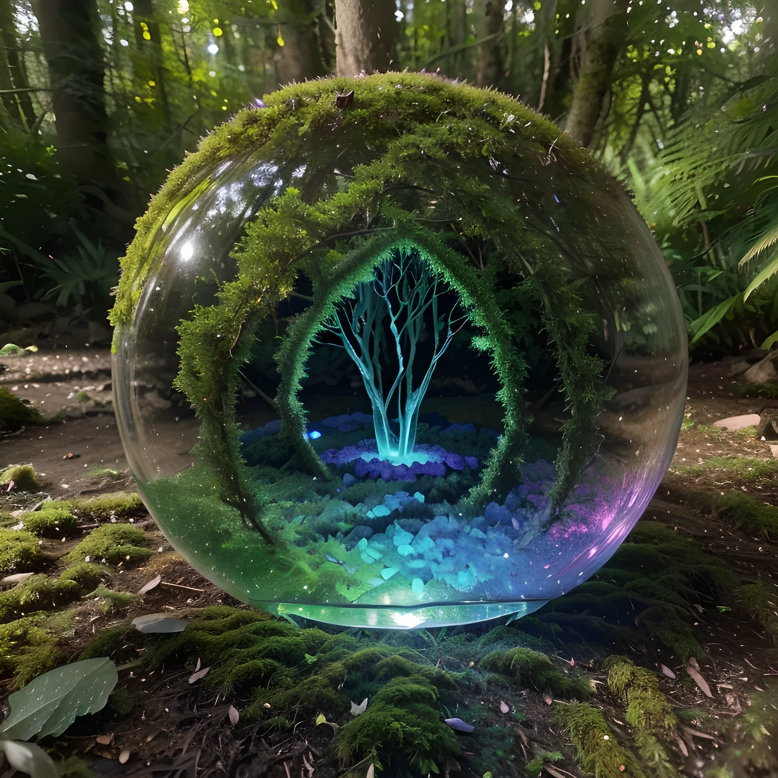 (best quality,4k,8k,highres,masterpiece:1.2),ultra-detailed,(realistic,photorealistic,photo-realistic:1.37),huge glowing colorful crystals,natural environment,ethereal, dreamy scene, bright glowing vibrant colors, enchanting moss, sparkling highlights, soft texture, lush greenery, magical ambiance, mysterious reflections of light, , surreal atmosphere, hidden wonders, enchanted forest