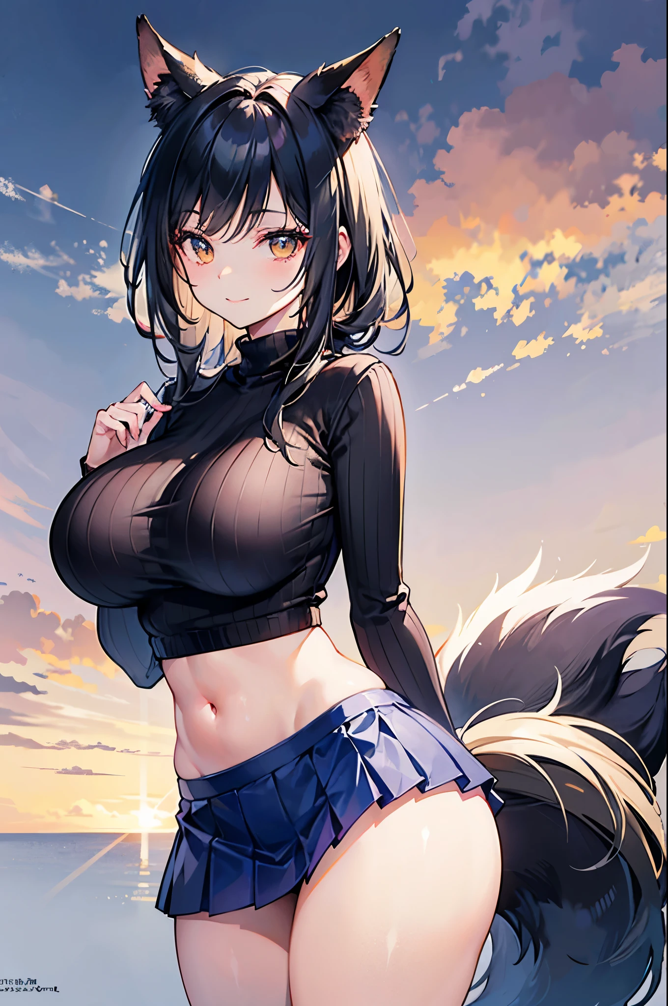 realistic image, coherent image, detailed image, 1 beautiful girl, She has black hair, long, silky hair, long eyelashes. Golden eyes, she has fox ears and fox tails. Her face is oval and delicate, smiling. She is wearing a long sleeve sweater, navel showing, pleated mini skirt. She has a curvy body, big breasts, thick thighs, volumetric lighting, natural lighting, sexy pose