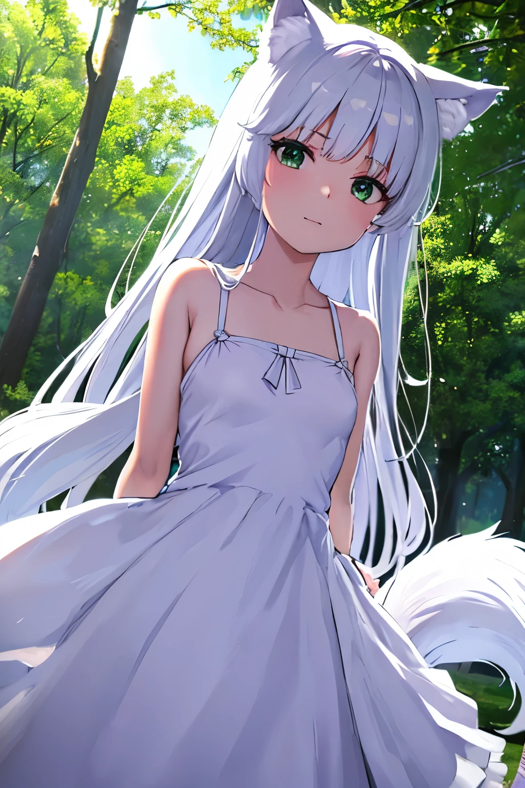 Cabello largo plateado, ojos verdes, dress, white clothes, flat breast, sonrisa, happy, wolf ears, wolf tail, abdomen lindo, muslos hermosos, forest, womb tattoo