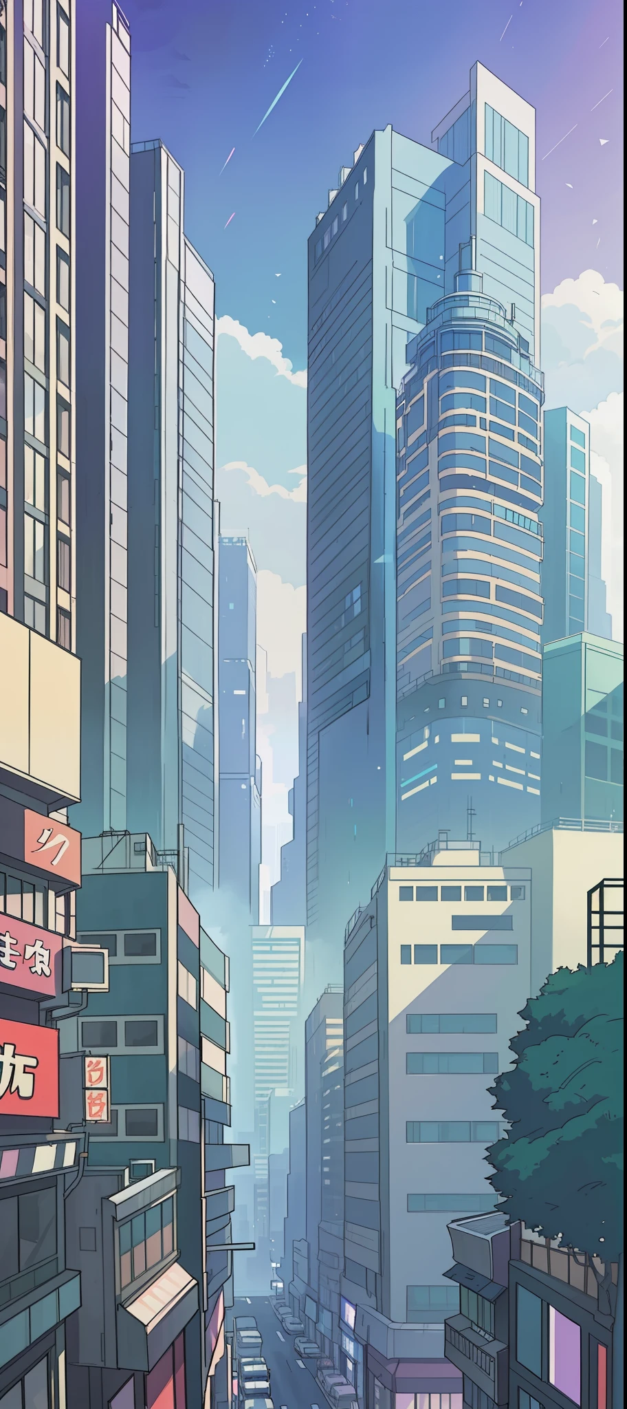 There is a picture of a city street,High-rise buildings, hd anime cityscape, anime style cityscape, tokyo anime anime scene, Anime background art, Anime landscape concept art, neo tokyo background, Makoto Shinkai's style, Street background, urban concept art, anime backgrounds, in the style of makoto shinkai, city street view background, Anime landscapes