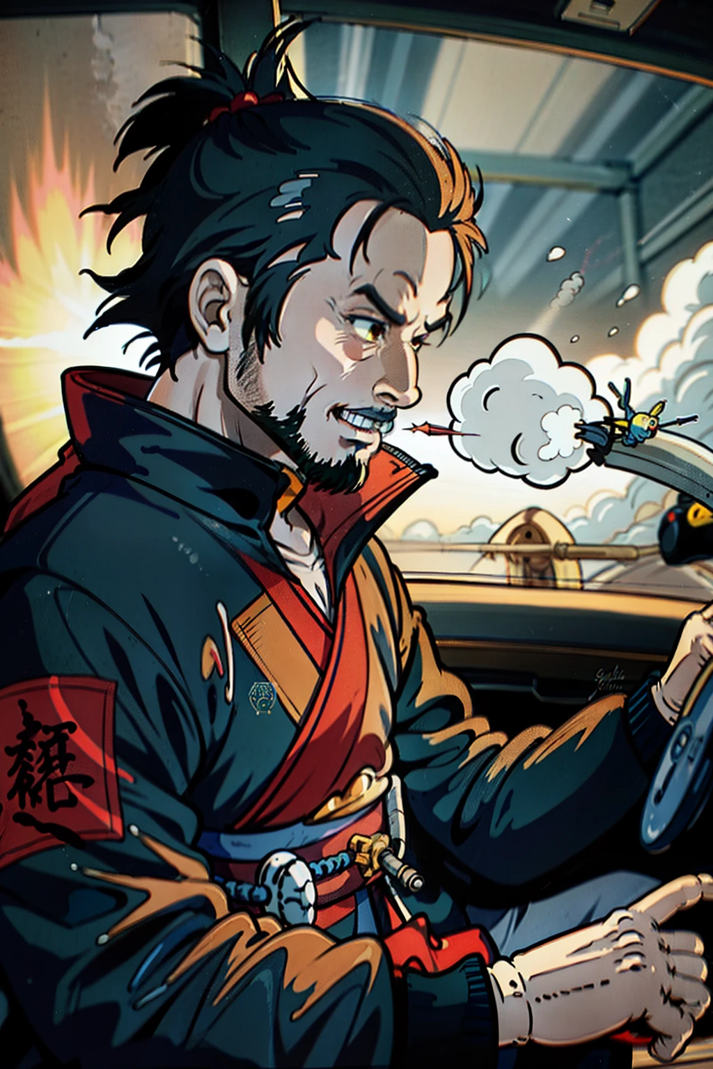 samurai driving a car with a dragon flying in the sky, smoke coming from inside the samurai&#39;s armor