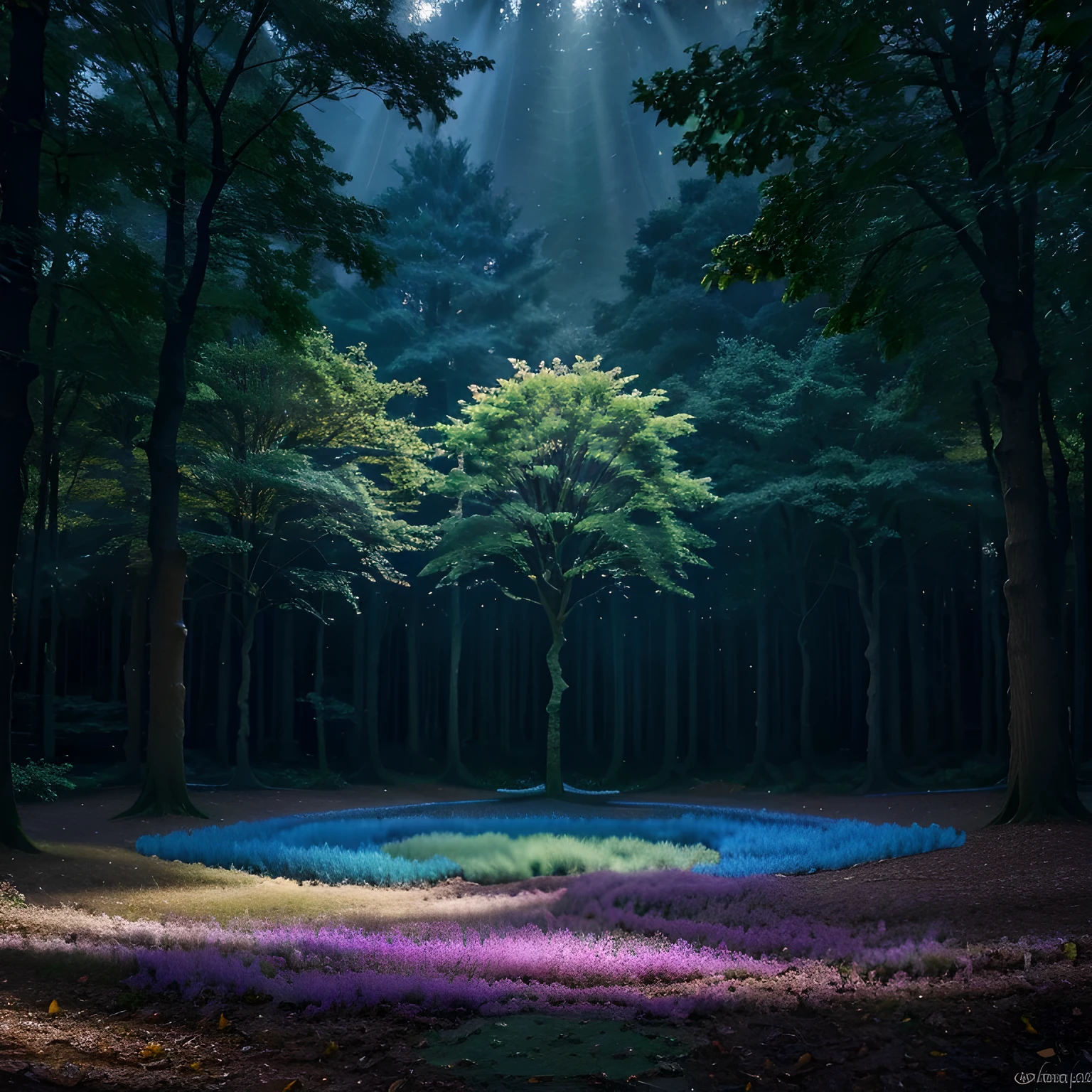 (best quality,4k,highres,masterpiece:1.2),ultra-detailed,(realistic,photorealistic,photo-realistic:1.37),landscape,a surreal masterpiece,immaculate details,mesmerizing colors,ethereal lighting,sparkling crystals,captivating atmosphere for fantasy lovers,tranquil and magical ambiance,exquisite branches and leaves,transparent leaves radiating soft light,delicate glow illuminating the surroundings,rays of light filtering through the branches,scattering dreamy shades of blues and purples,leaves gently swaying in the breeze,whispering enchanting melodies,enchanted creatures frolicking around the tree,reflecting the vivid colors of the tree,creating a harmonious and vibrant composition,a breathtaking sanctuary for the imagination,inviting viewers into a world of wonder and awe,a place where dreams come to life.