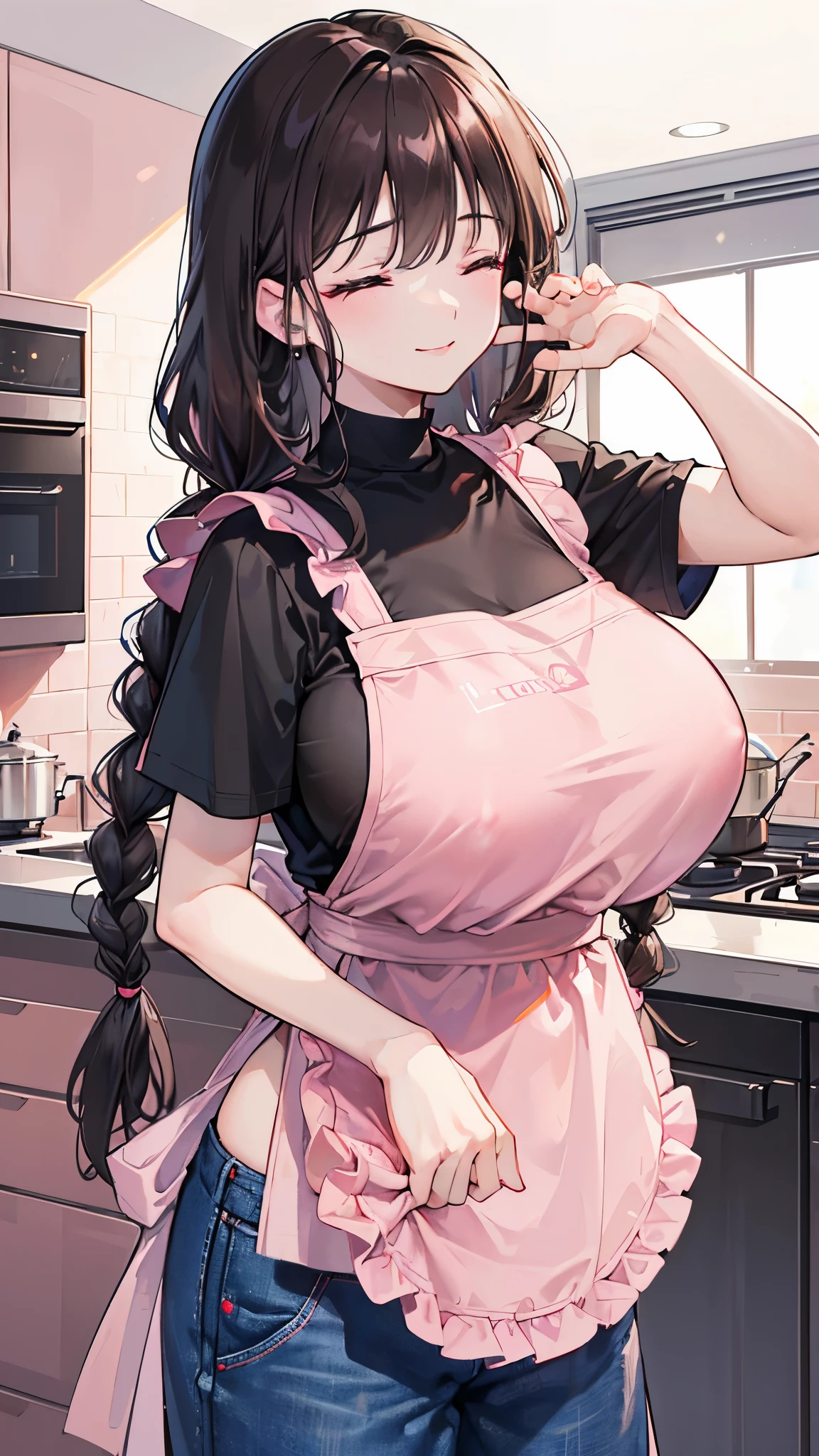 (8K、Highest image quality、highest quality、masterpiece)、detailed face、1 mature woman、Dark brown hair、long hair、((single braid))、((closed eyes))、smile、pink lip、very big breasts、black t-shirt、denim、long pants、white apron、cowboy shot、kitchen background
