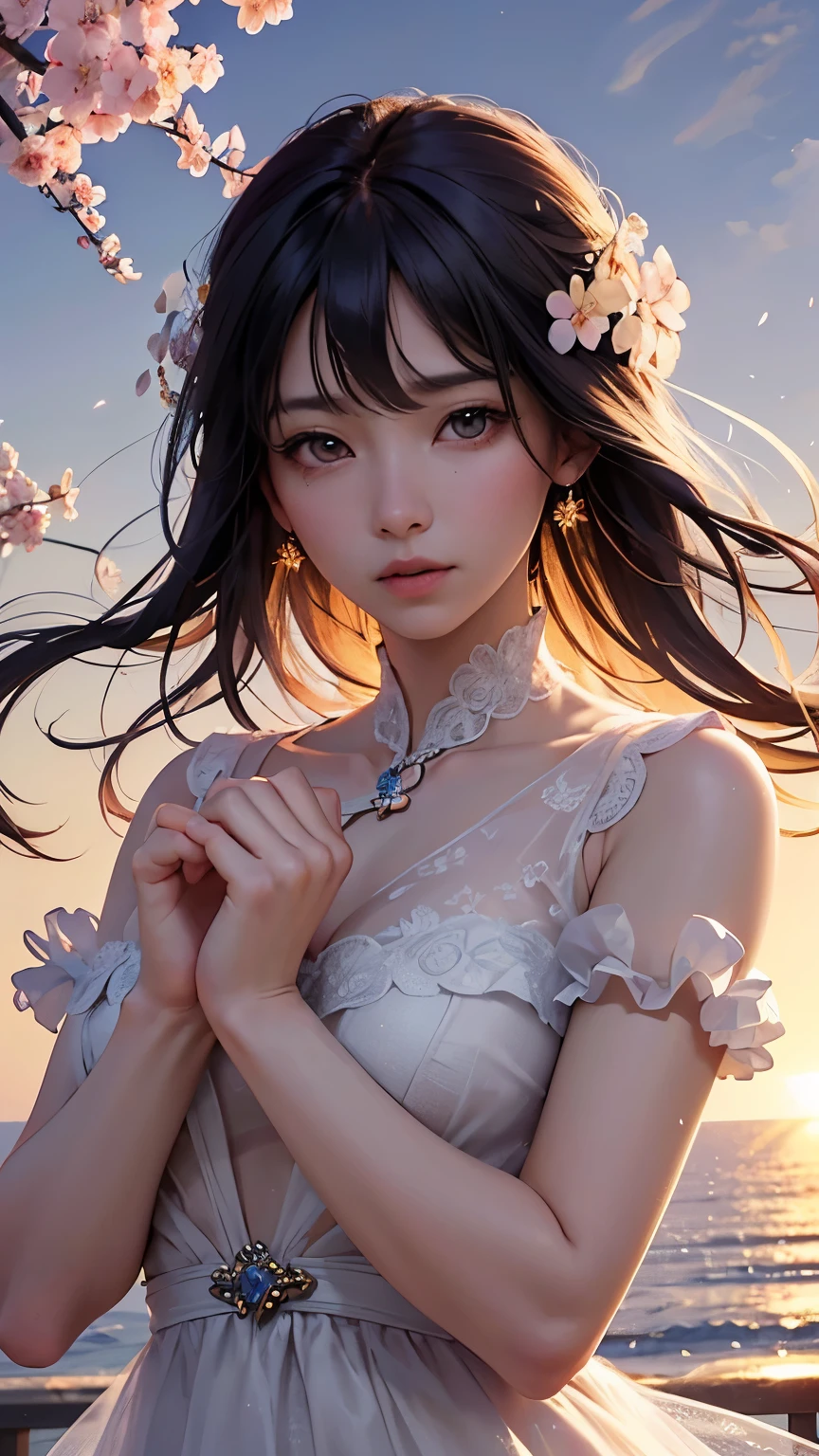 (logo、masterpiece、8K、table top、RAW photo、wonderful、最high quality、フォトリアリスティックでvery detailedな CG 統合 8k 壁紙、high quality、very detailed、narrative poem、particle effects、dynamic effects、Depth of bounds written、cinematic light、Lens flare、ray tracing)、fantasy、 (1 beautiful woman、dress、dress、cherry blossom pattern、black haired、beautiful face、real face、beautiful details eyes beautiful skin)、髪がWindで踊る、Hair flutters in Wind、hair jump、pink cherry tree、petals dance、SakuraFubuki、wonderful景色、sunrise、sun on background、Wind、