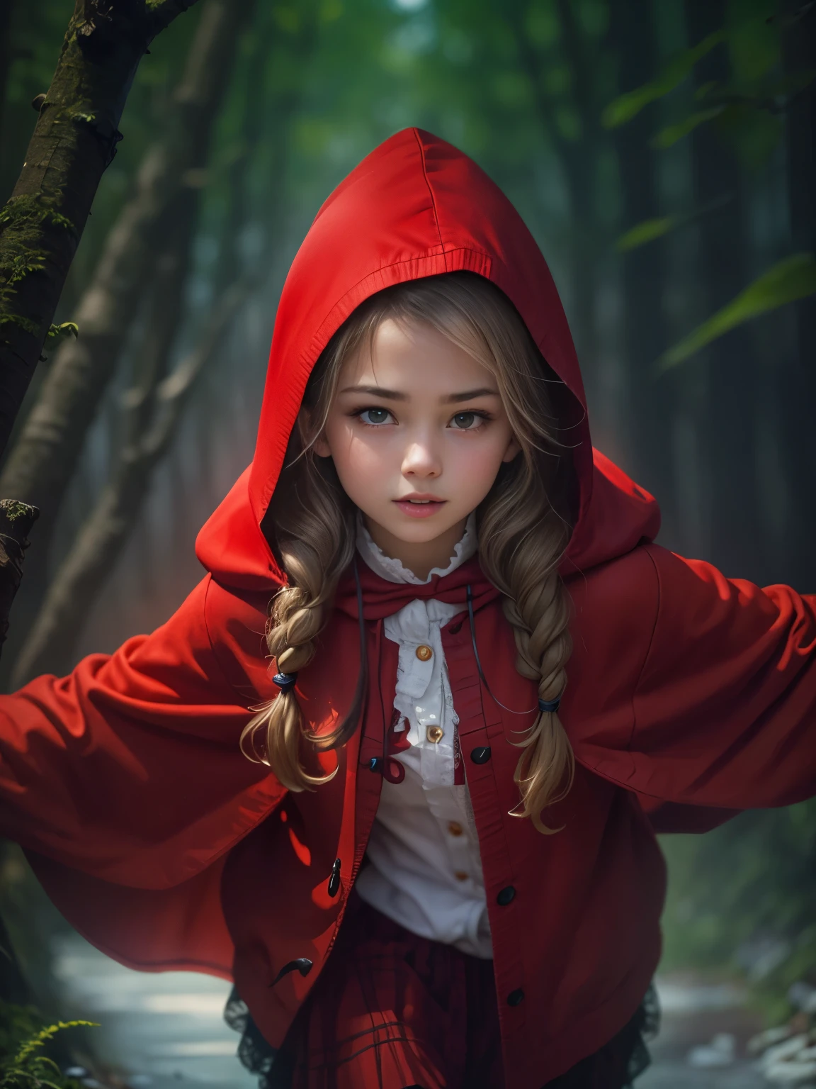 photorealistic, high resolution, 1 cute young girl, 12 years old, braided hair, happy, wearing red colour hood, little red riding hood theme, dynamic pose, background beaten forest path, dramatic, chromatic aberration. 