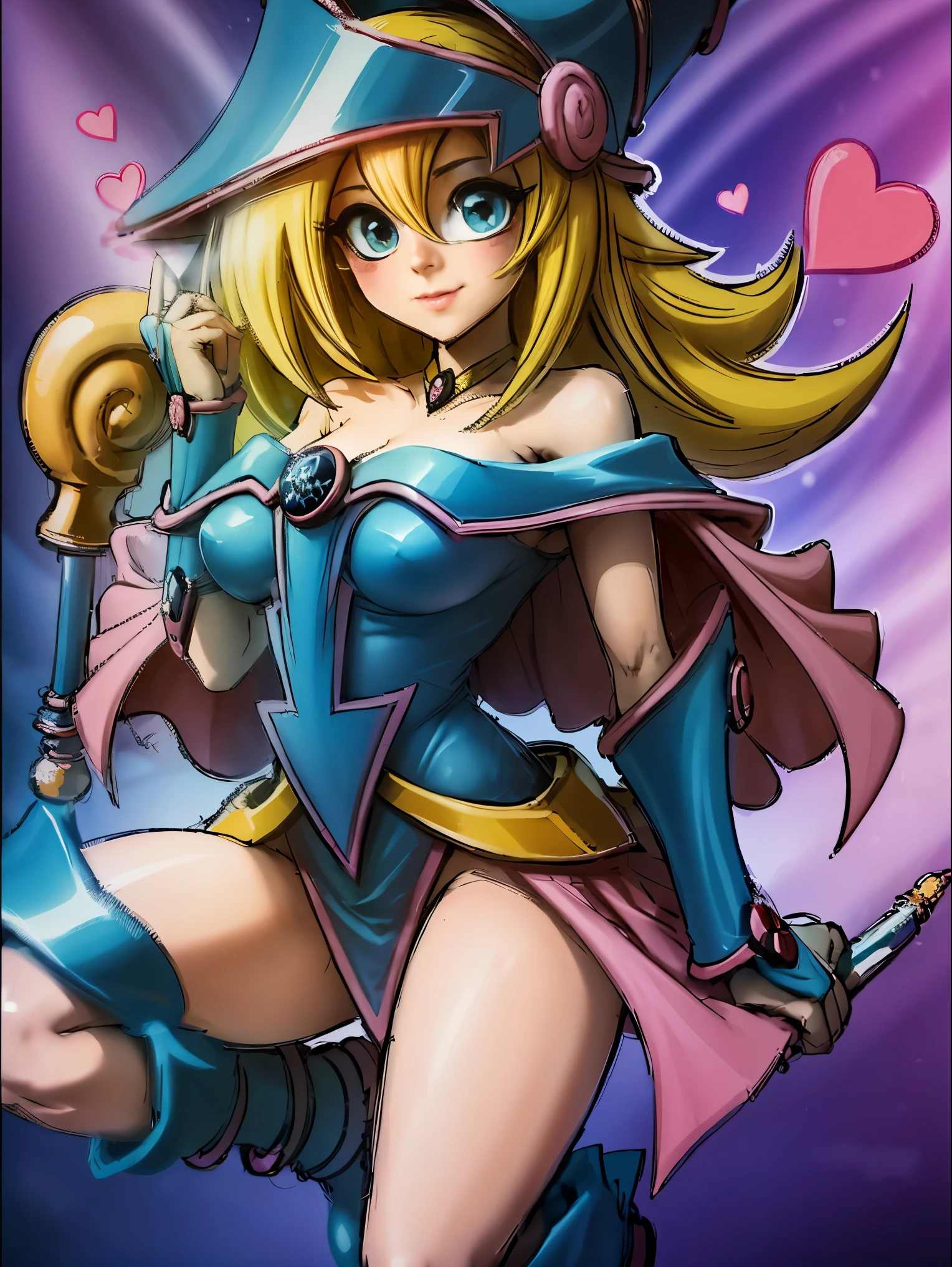 Dark magician gils. Leaving a magic circle. Magia de corazones en el aire. Pose sensual y inocente. Sonrisa de mona lisa