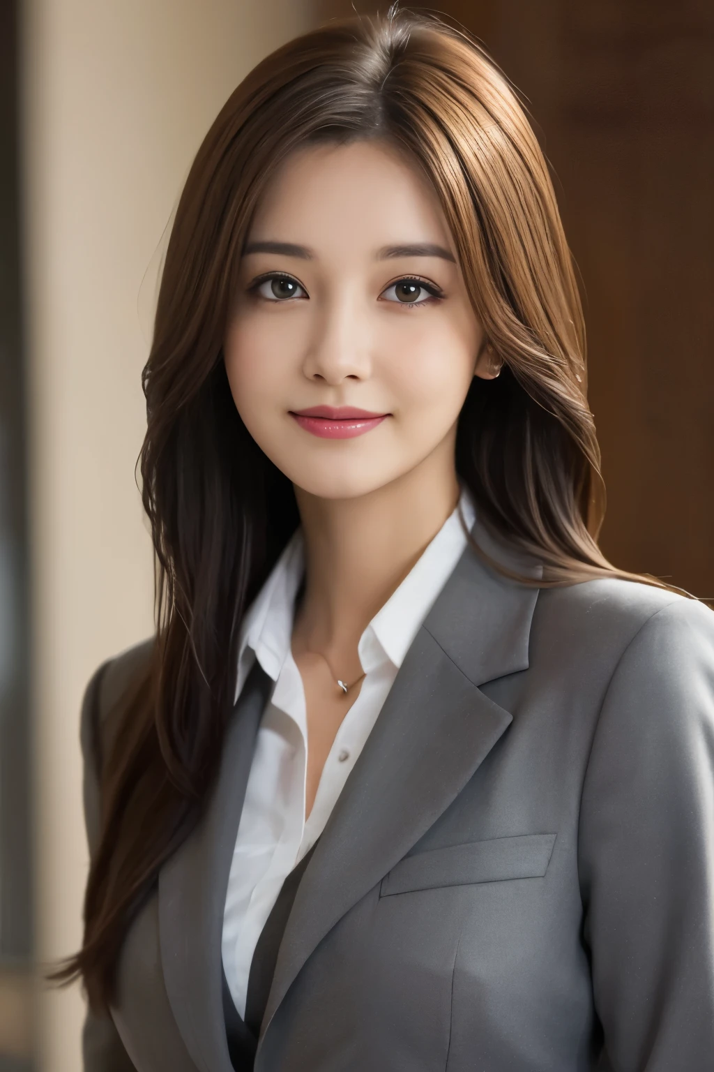 table top, highest quality, realistic, Super detailed, finely, High resolution, 8k wallpaper, 1 beautiful woman,, light brown messy hair, wearing a business suit, sharp focus, perfect dynamic composition, beautiful and detailed eyes, thin hair, Detailed realistic skin texture, smile, close-up portrait, model body shape