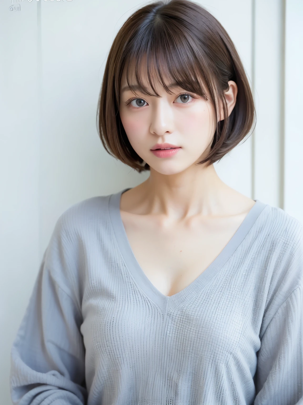 (highest quality、8K、32K、masterpiece、nffsw:1.2)、photo of cute japanese woman、long sleeve dress、very short hair、Photographed in natural light、Upper body、surface focus、simple necklace、Taken in front of the white door、From above、looking at the viewer、mix 4、(8K、Raw photo、highest quality、masterpiece:1.2)、(realistic、Photoreal:1.37)、1 girl、photon mapping、Physically based rendering、Handsome、excellent image quality、High resolution、1080P、(clean face)、(Detailed facial description)、(detailed description of hands)、(Masseter muscle part)、(Detailed CG)、hair is dirty、masterpiece、rich details、(exquisite features)、(best image quality)、(masterpiece)、(detailed eye)、looking forward to your eyes、delicate clavicle、Versatile poses