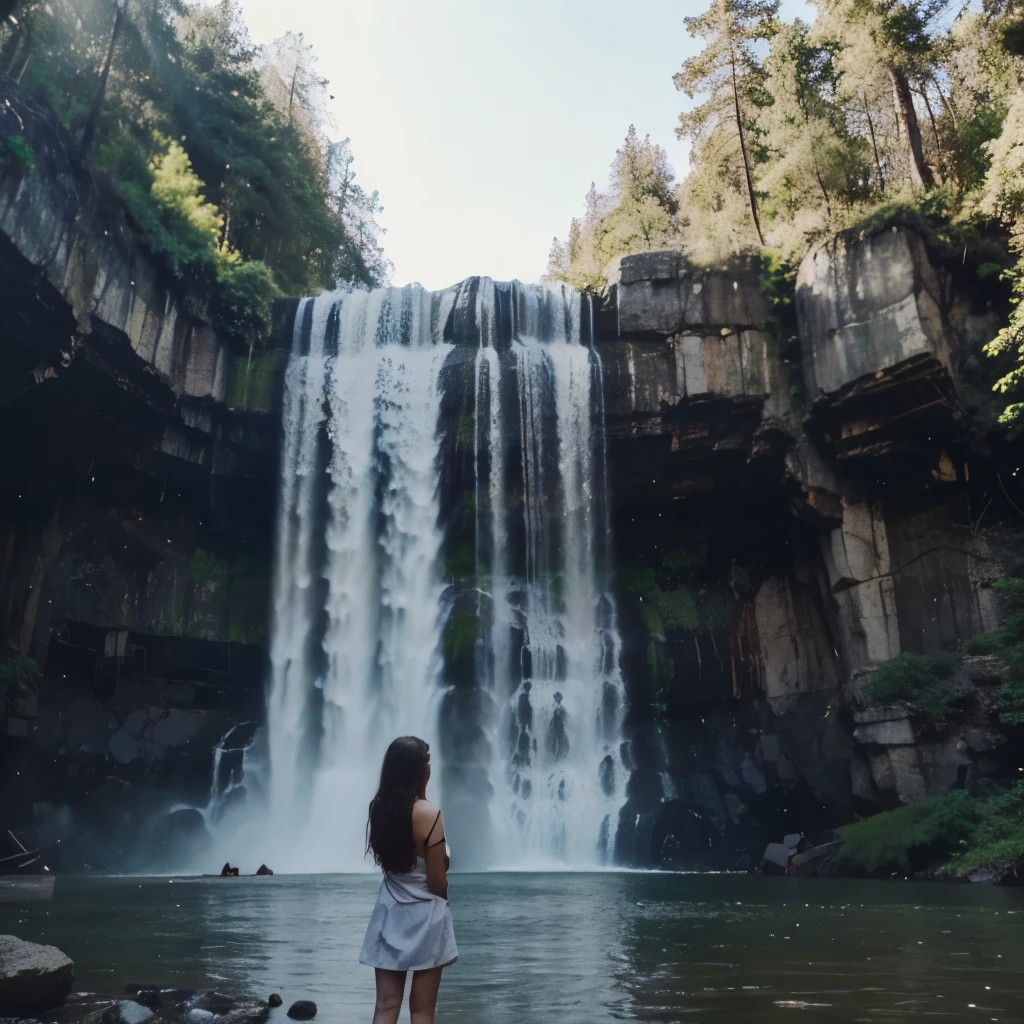 Think you are a expert creating videos creativily, create a beautiful girl video , in the background there is a big water fall around with different trees and animals, the video should be realisticand nature.