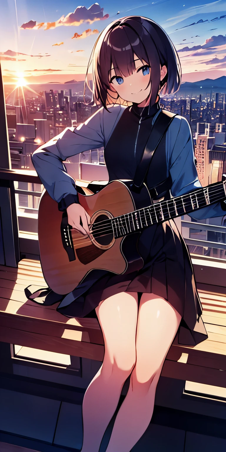 table top, highest quality,figure, wallpaper, ultra detail, absurd, 16 year old girl, alone, (medium short hair、play the guitar、smile、Overlooking the city from the top of the hill、the sunset is beautiful