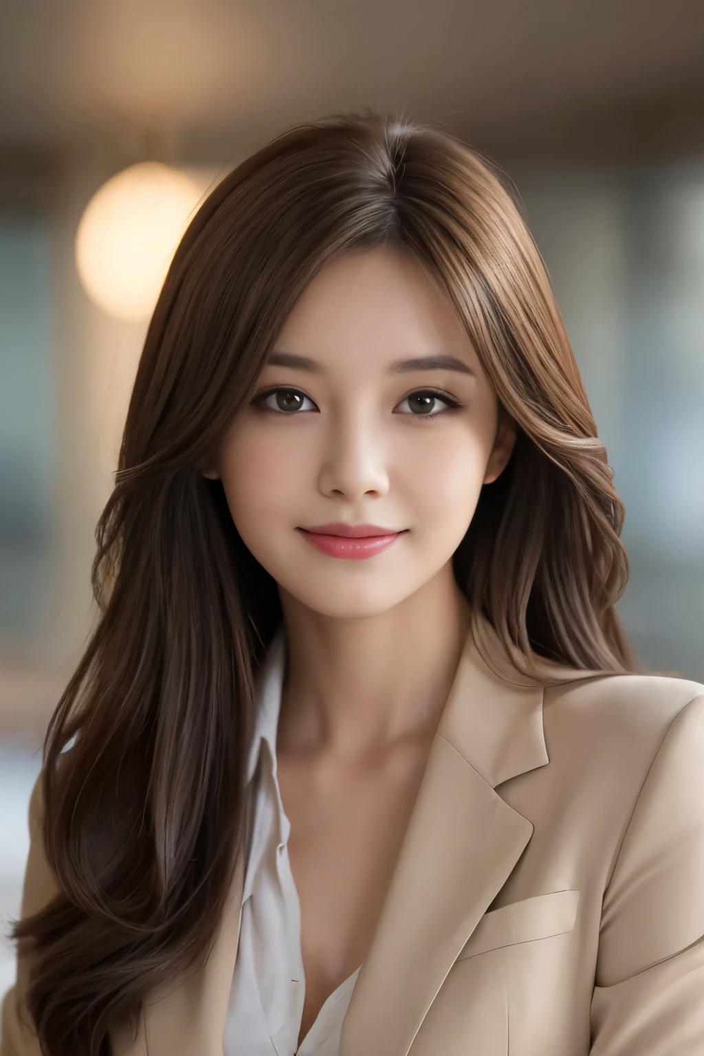 table top, highest quality, realistic, Super detailed, finely, High resolution, 8k wallpaper, 1 beautiful woman,, light brown messy hair, wearing a business suit, sharp focus, perfect dynamic composition, beautiful and detailed eyes, thin hair, Detailed realistic skin texture, smile, close-up portrait, model body shape