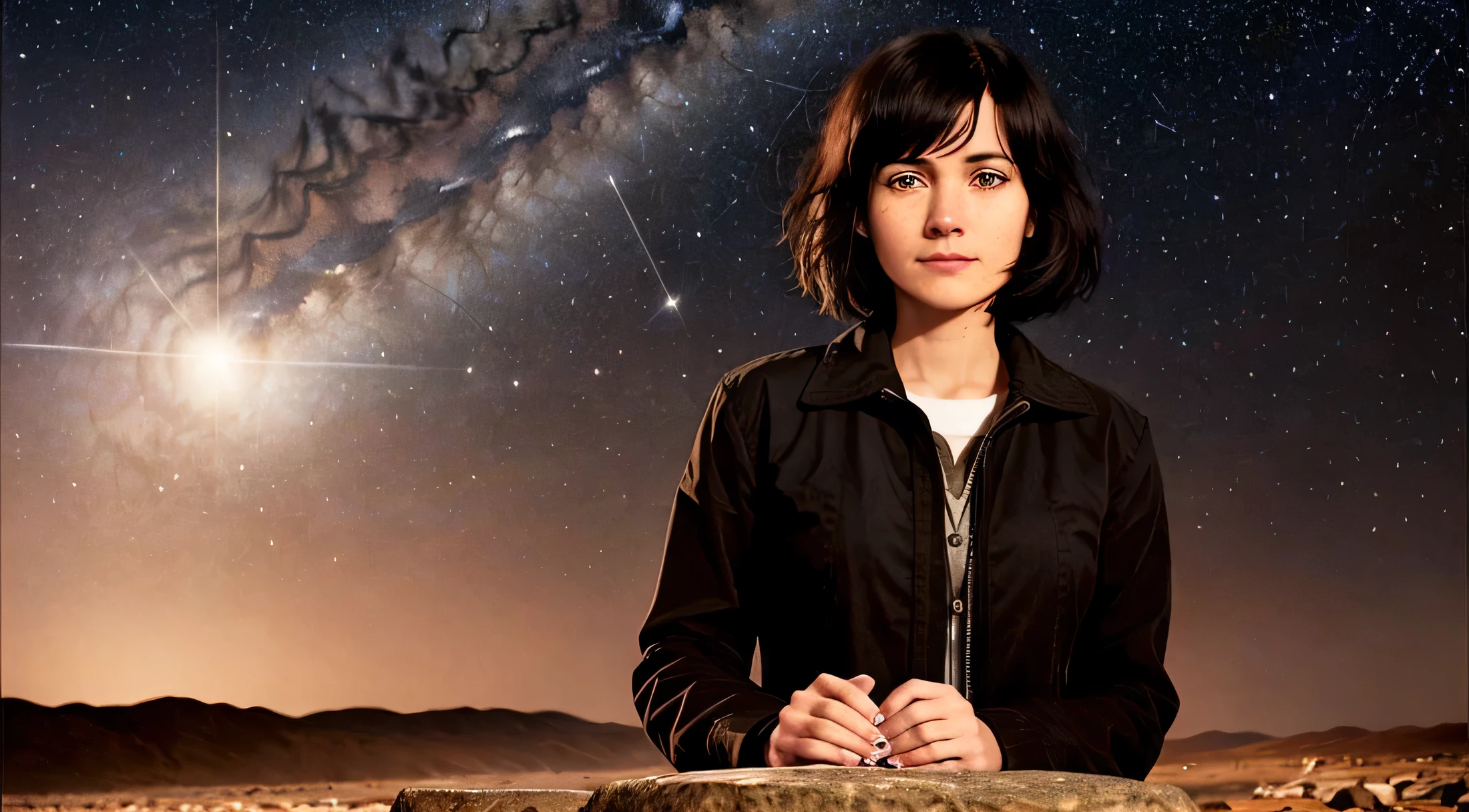 realistic photo. High, lean girl, 30 years, black wavy hair, haircut with short side bangs, Straight nose, The lips are thin, The eyes are black, The chest is flat, At the cosmodrome, sits on a stone and looks at the sky, many stars, comets, Lunokhod