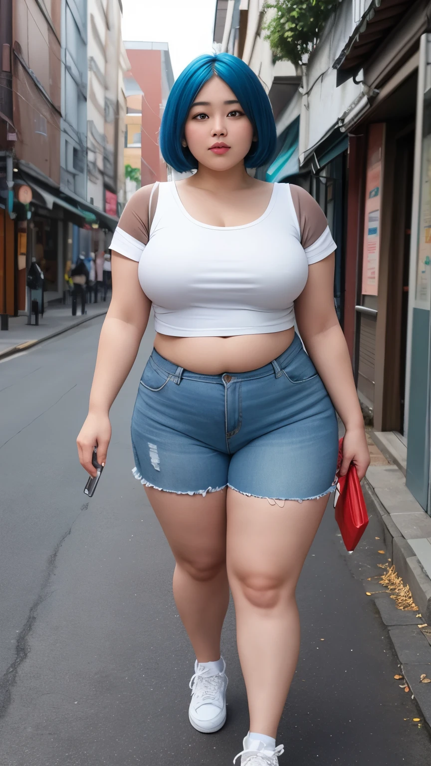 ((best quality)), ((masterpiece)), (detailed), perfect face, 4k, 8k , thick woman, thick body, Indonesian-japanese goddess , blue hair , short hair , wearing sneakers , full body, casual clothes , slightly fat belly , fat thighs