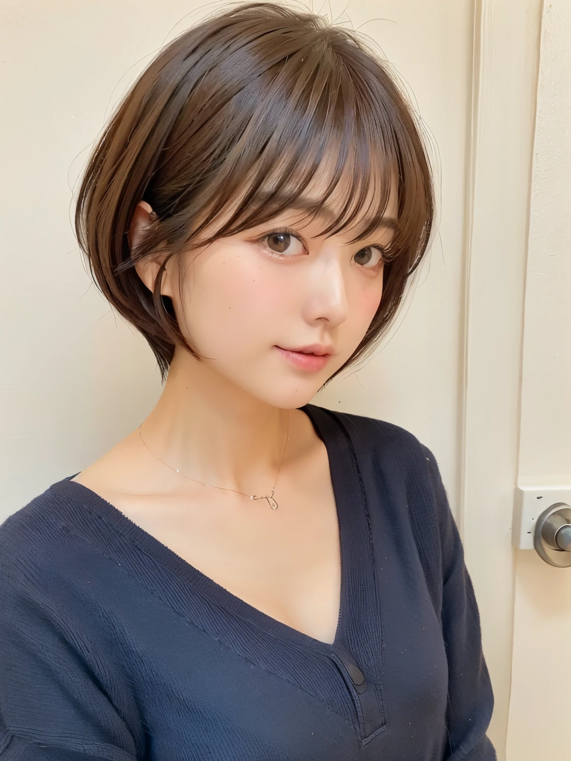 (highest quality、8K、32K、masterpiece、nffsw:1.2)、photo of cute japanese woman、long sleeve dress、very short hair、Photographed in natural light、Upper body、surface focus、simple necklace、Taken in front of the white door、From above、looking at the viewer、mix 4、(8K、Raw photo、highest quality、masterpiece:1.2)、(realistic、Photoreal:1.37)、1 girl、photon mapping、Physically based rendering、Handsome、excellent image quality、High resolution、1080P、(clean face)、(Detailed facial description)、(detailed description of hands)、(Masseter muscle part)、(Detailed CG)、hair is dirty、masterpiece、rich details、(exquisite features)、(best image quality)、(masterpiece)、(detailed eye)、looking forward to your eyes、delicate clavicle、Versatile poses