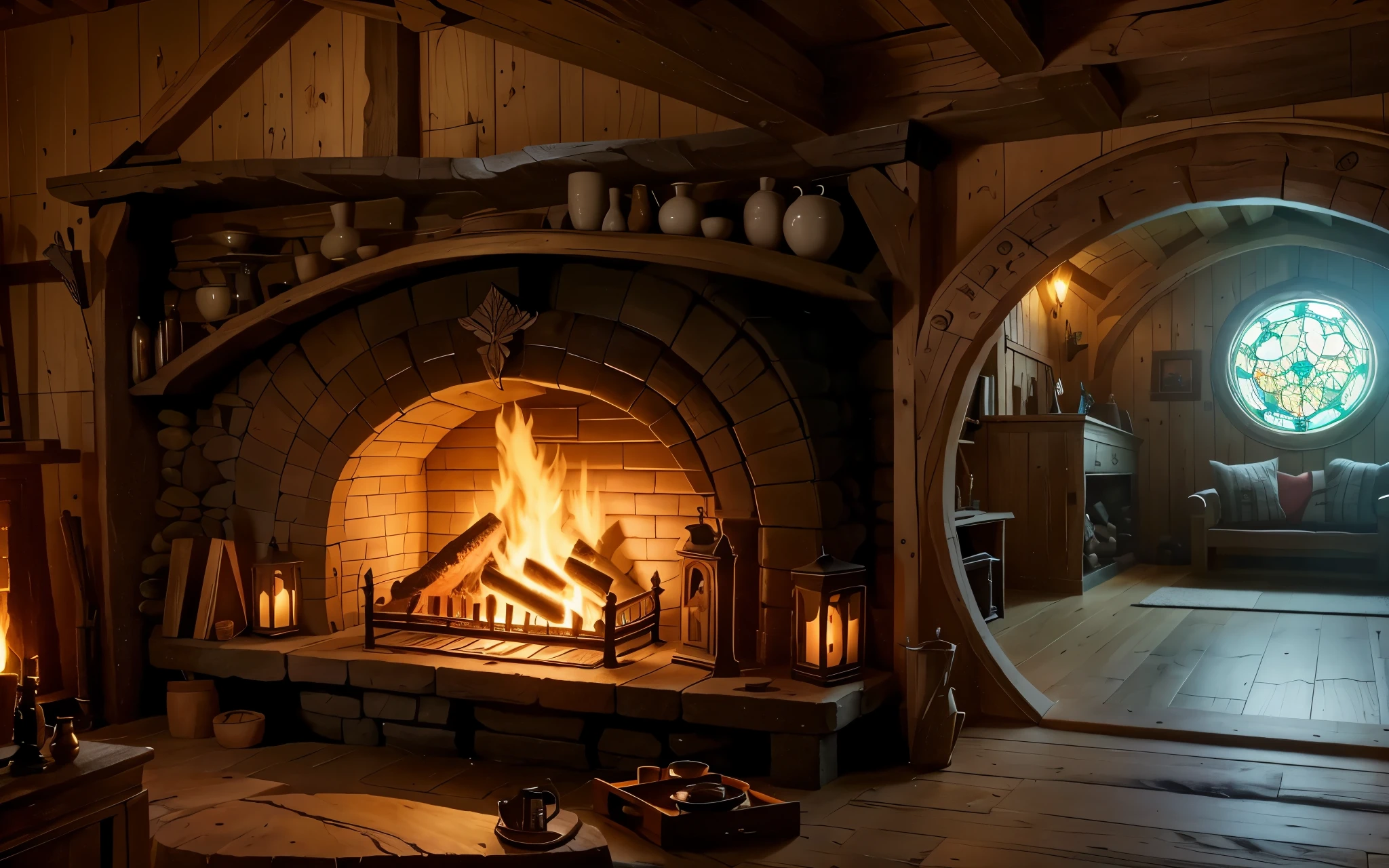large fireplace at hobbit wooden house. A room full of objects, and at the end, a pretty stained glass, a room of detailed objects (DO IT BETTER, MORE DETAILED)