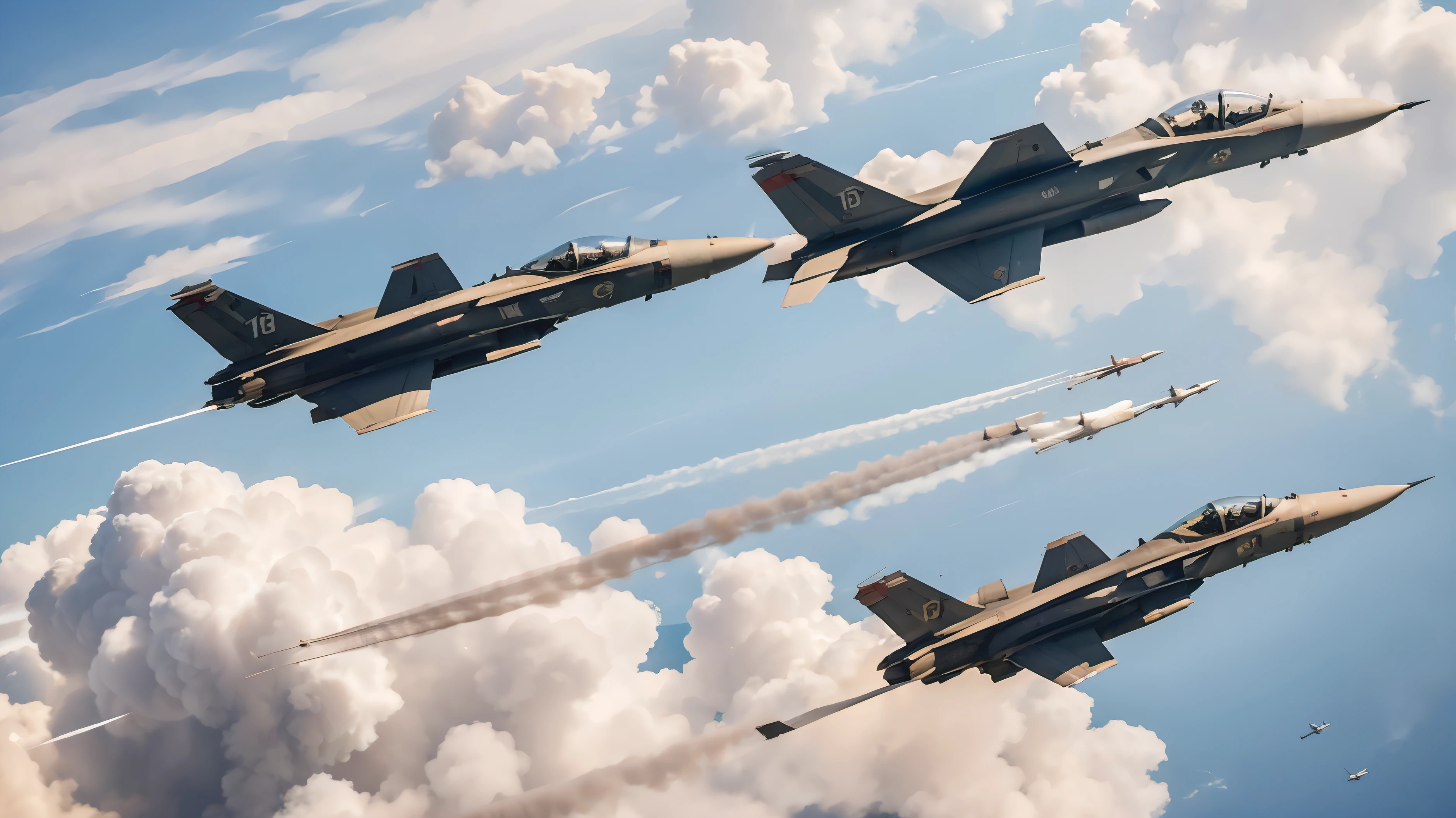 there are two jets flying in the sky with smoke coming out of them, jet fighters, fighter jets, flying aircrafts, acecombat, by Ilya Ostroukhov, aleksander rostov, in formation, aerial combat, missiles, by Martin Benka, flying in formation, ace combat, ivan shishk, us airforce