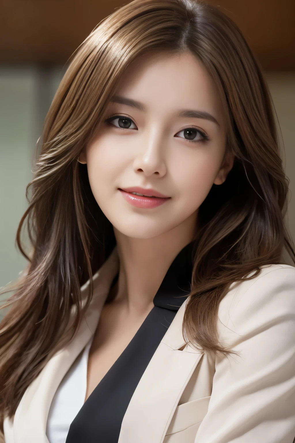 table top, highest quality, realistic, Super detailed, finely, High resolution, 8k wallpaper, 1 beautiful woman,, light brown messy hair, wearing a business suit, sharp focus, perfect dynamic composition, beautiful and detailed eyes, thin hair, Detailed realistic skin texture, smile, close-up portrait, model body shape