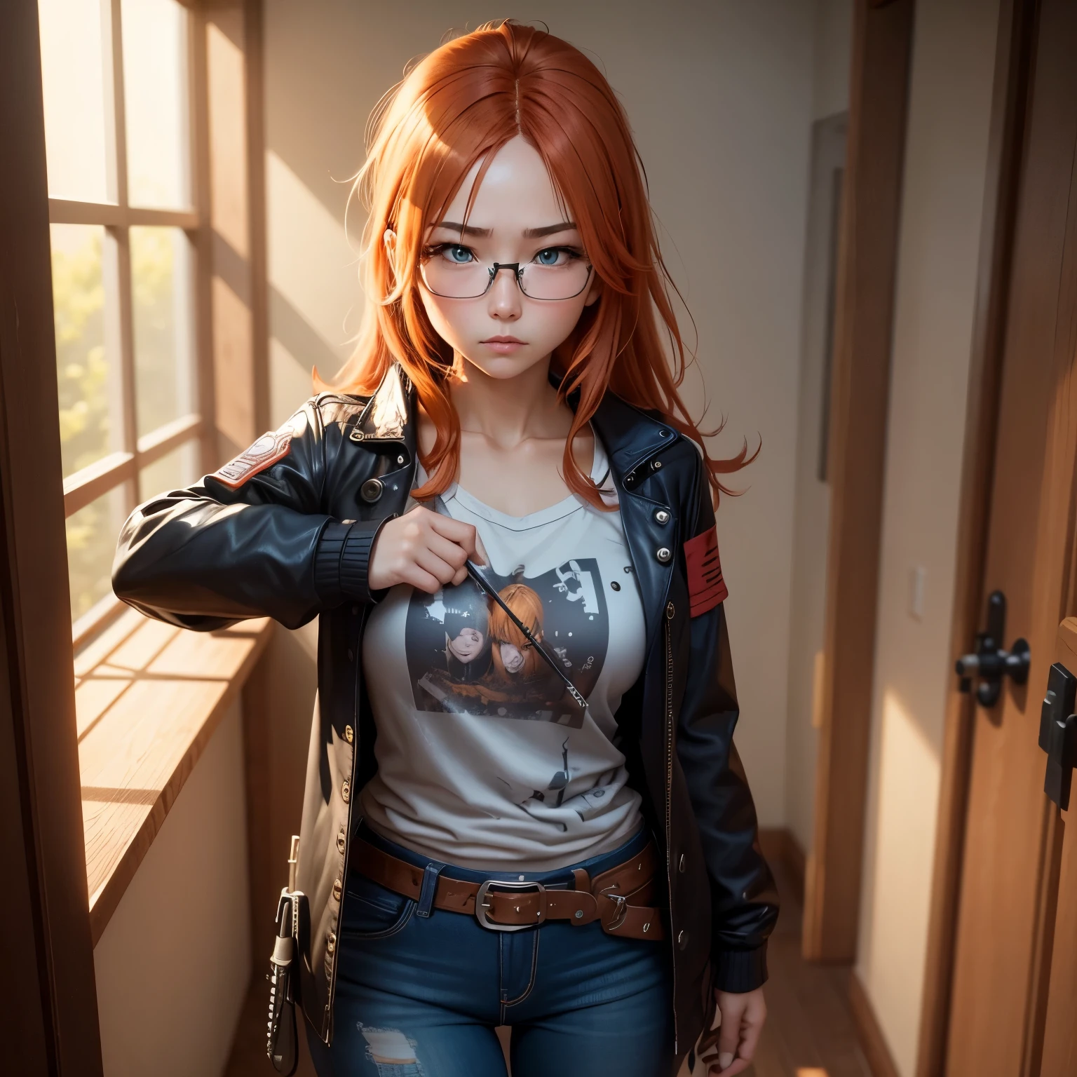 8k, masterpiece, best quality, realistic, higly detailed, cowboy shot, 1girl, solo, Itsuki Nakano, serious looking girl, medium-length hair, expressive ahoge, reddish-orange hair colour, a pair of star-shaped hairpins near both of her eyes, dark blue eyes, average height, well-endowed figure, wears glasses, cute, Infamous, Infamous Second Son