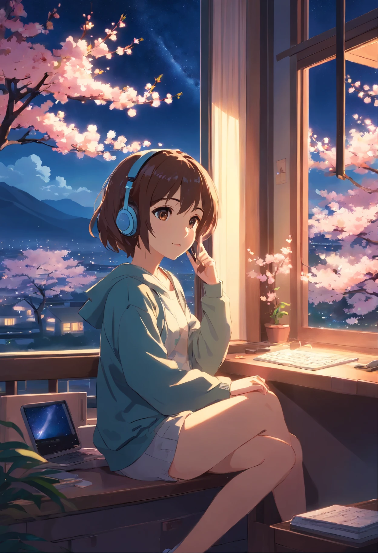a young girl in her room sitting next to the window listening to music on her headphones, outside the window are cherry blossom trees under a starry night sky. Capture the beauty and serenity of this scene, with the blossoms softly lit by moonlight. japan