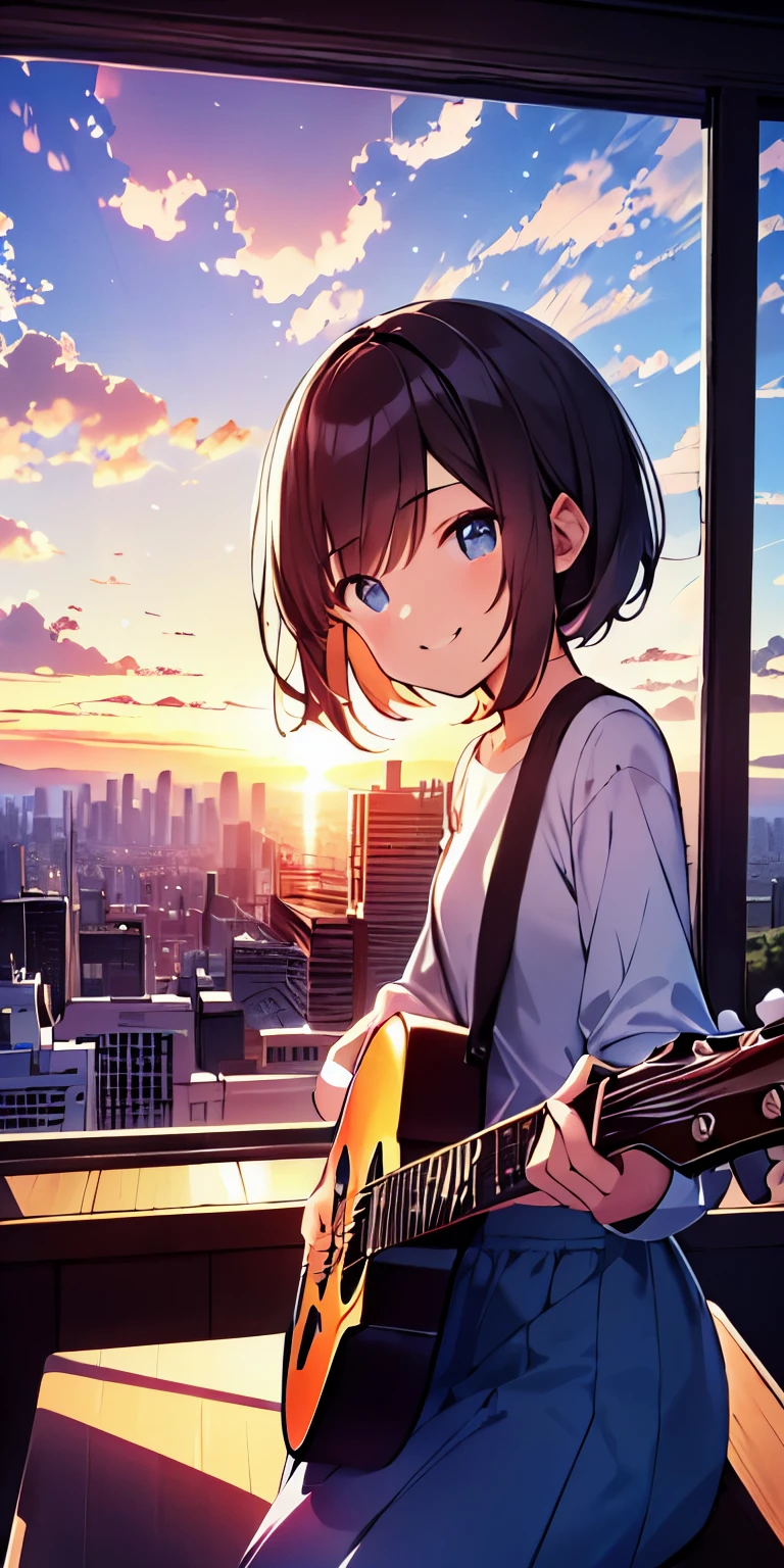 table top, highest quality,figure, wallpaper, ultra detail, absurd, girl, alone, (medium short hair、play the guitar、smile、Overlooking the city from the top of the hill、the sunset is beautiful