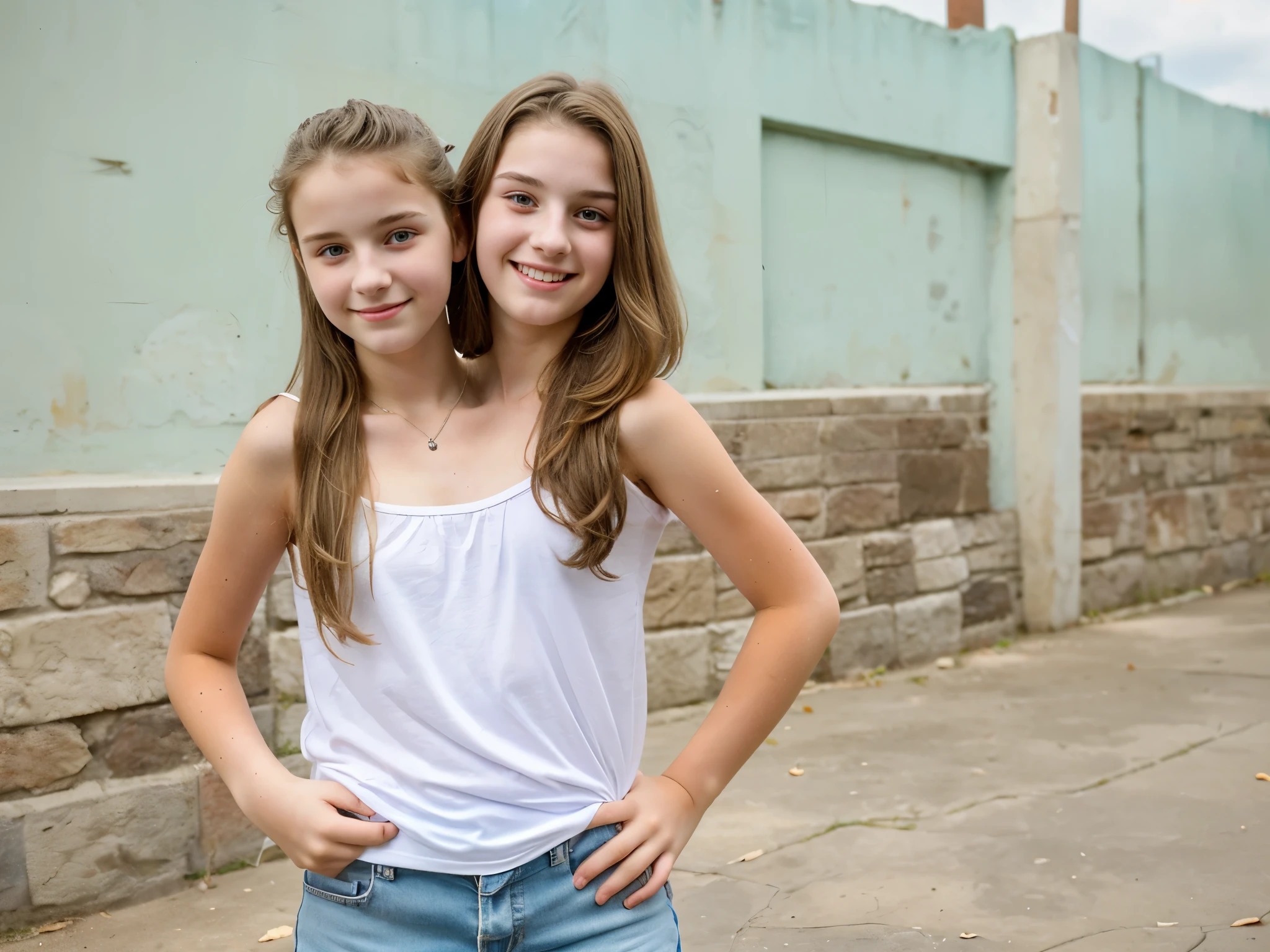 2heads, two headed girl, (a 13 year old girl and a 17 year old girl:1.5)