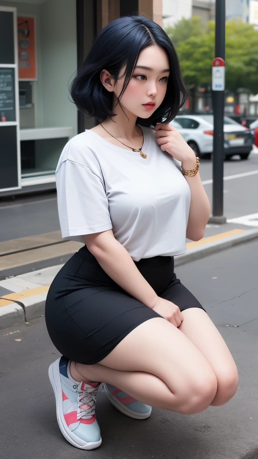 ((best quality)), ((masterpiece)), (detailed), perfect face, 4k, 8k , thick woman, thick body, Indonesian-japanese goddess , blue hair , wavy short hair , wearing sneakers , full body, random casual clothes , slightly fat belly , slightly fat thighs , slightly fat arms, japanese-Indonesian woman , fat cheeks , Indonesian-japanese woman , wearing gold bracelet , necklace , wearing smartwatch, korean girl