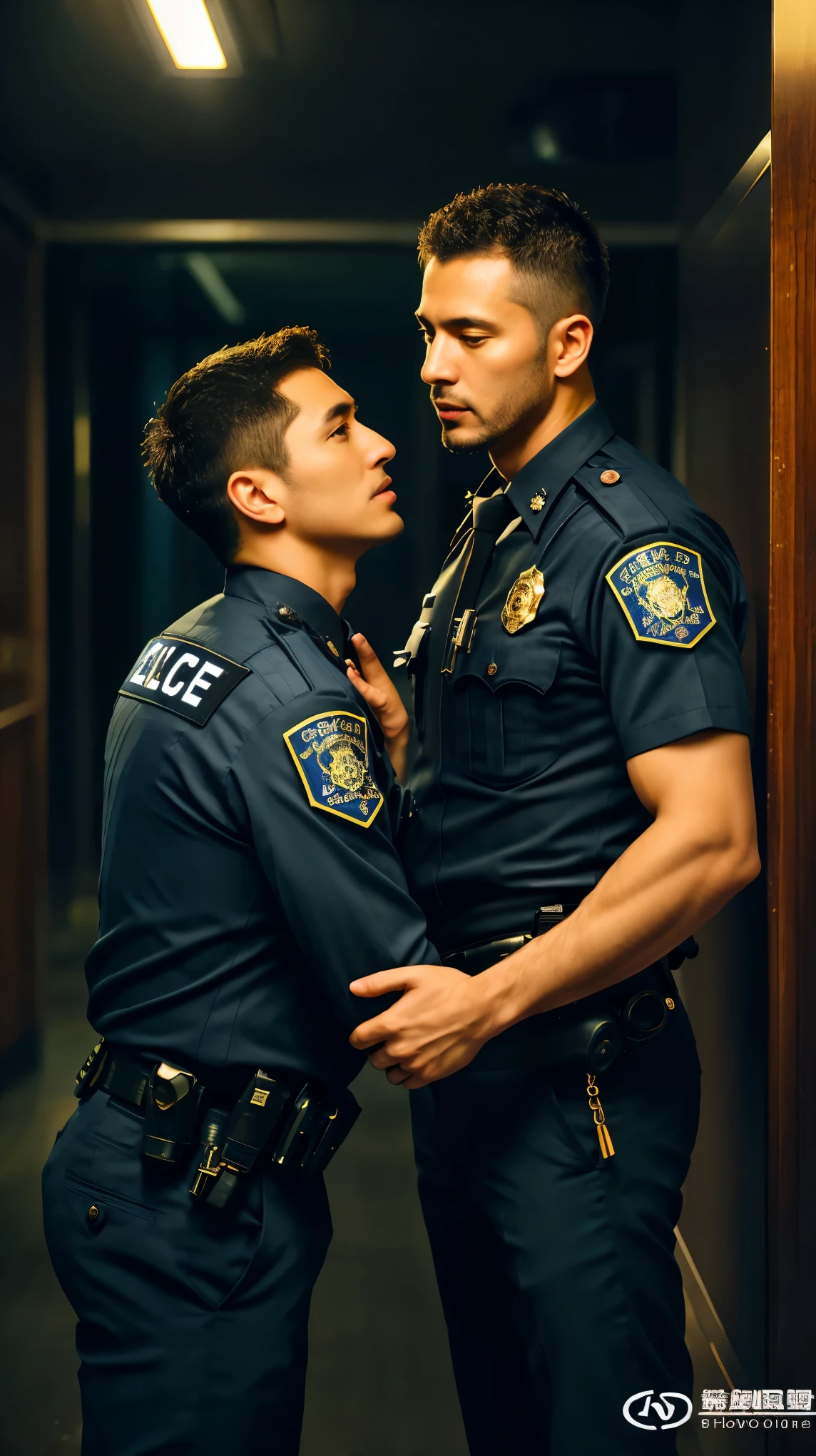 masterpiece, best quality, high resolution, closeup portrait, male focus,  police officer and male criminal, police officer is touching criminals bare ass from behind, erotic and sensual touching, causcasian,  gay, two men, two man touching, detailed face, 40 years old men, one guys standing another is kneeling in front of him, one police officer and one criminal, in unbuttoned police uniform, two men in office, cops, police, hands touching bare body, foreplay, policeman, blonde bleached hair, messy hairstyle, cute and seductive face, bare chest, body hair, facial hair, roman nose, very skinny body, hairy legs, dimples, goatee, beard, bold jawline , in the background a dark room, soft light, amazing composition, HDR, ultra quality, elegant, highly detailed